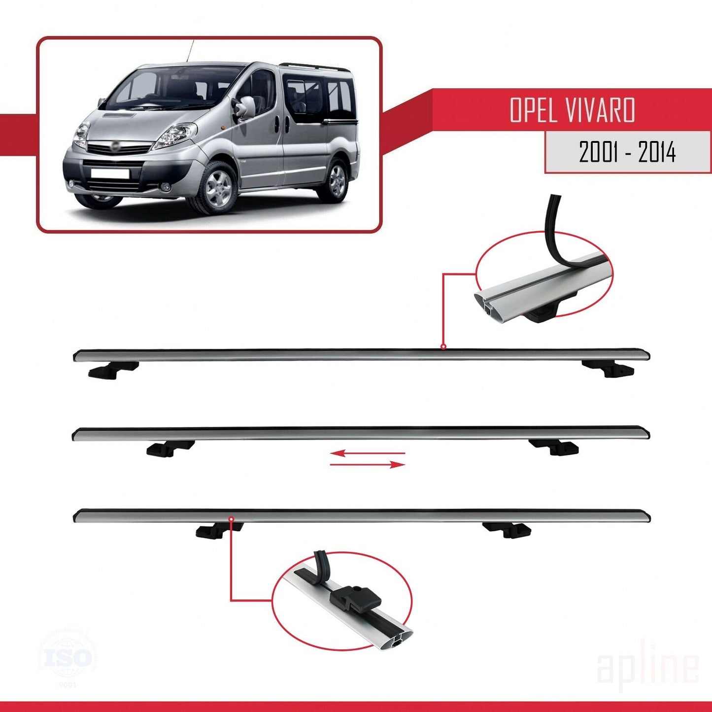 Compatible with Opel Vivaro A 2001-2014 BASIC Model Car Roof Rack Cross Bar Grey Aluminium 2 Bars