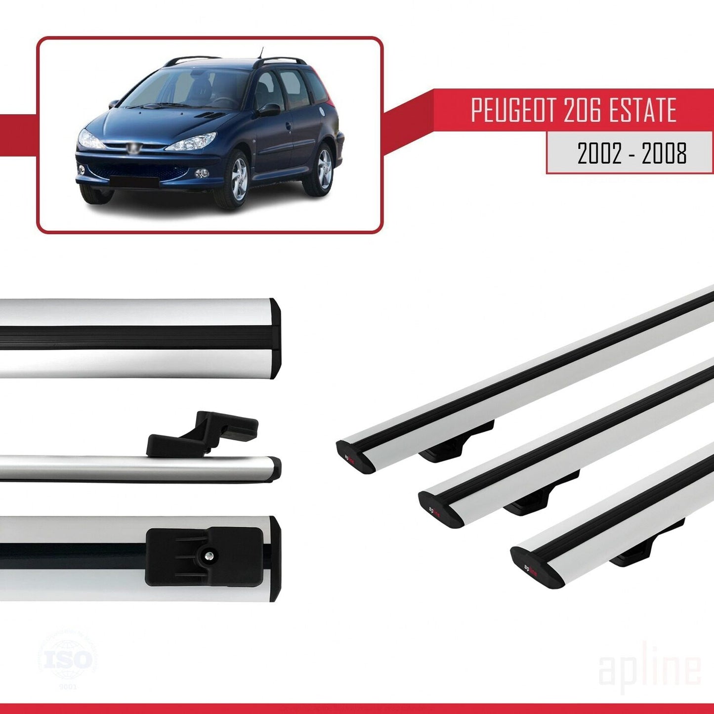 Compatible with Peugeot 206 SW 2002-2008 BASIC Model Car Roof Rack Cross Bar Grey Aluminium 3 Bars