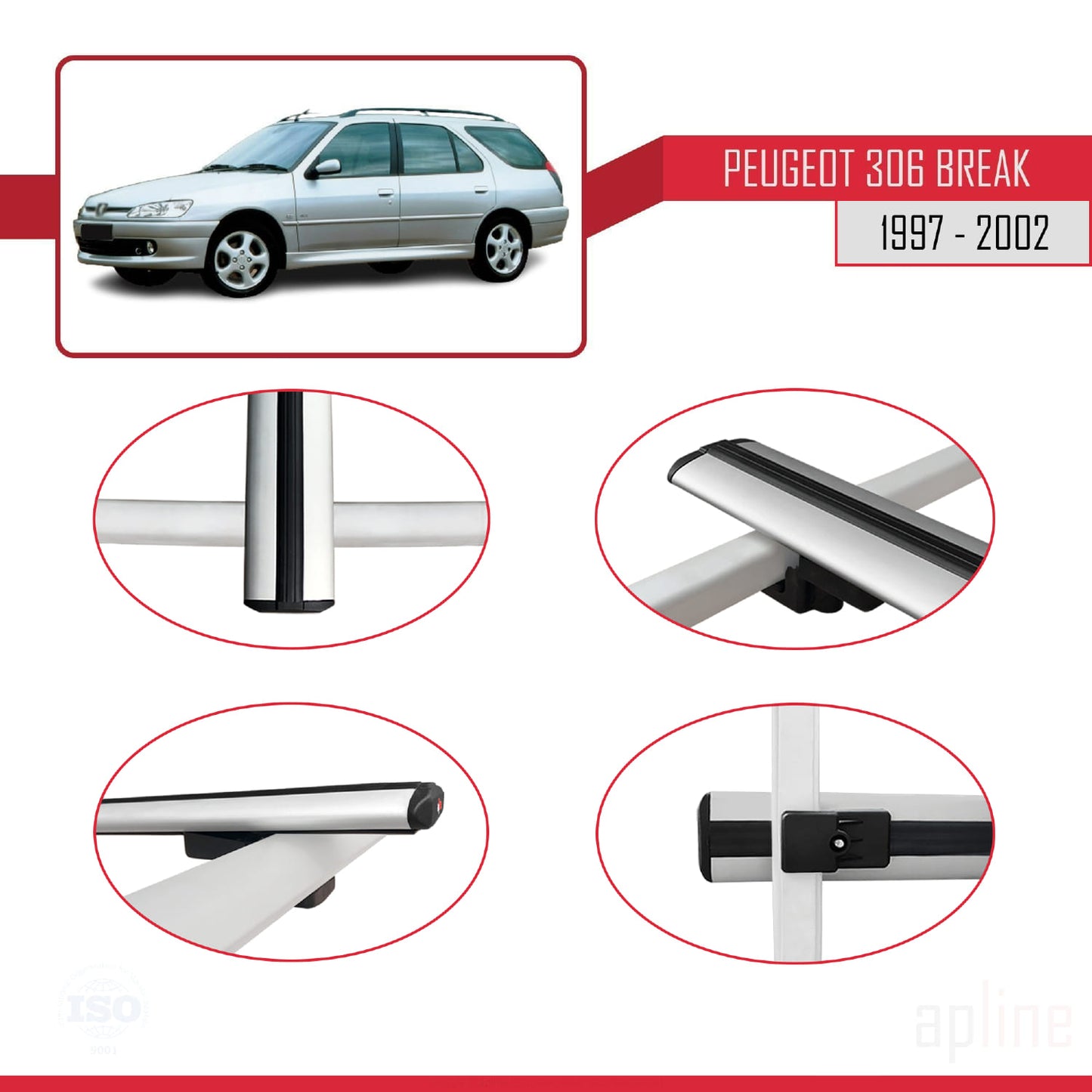 Compatible with Peugeot 306 SW 1997-2002 BASIC Model Car Roof Rack Cross Bar Grey Aluminium 3 Bars