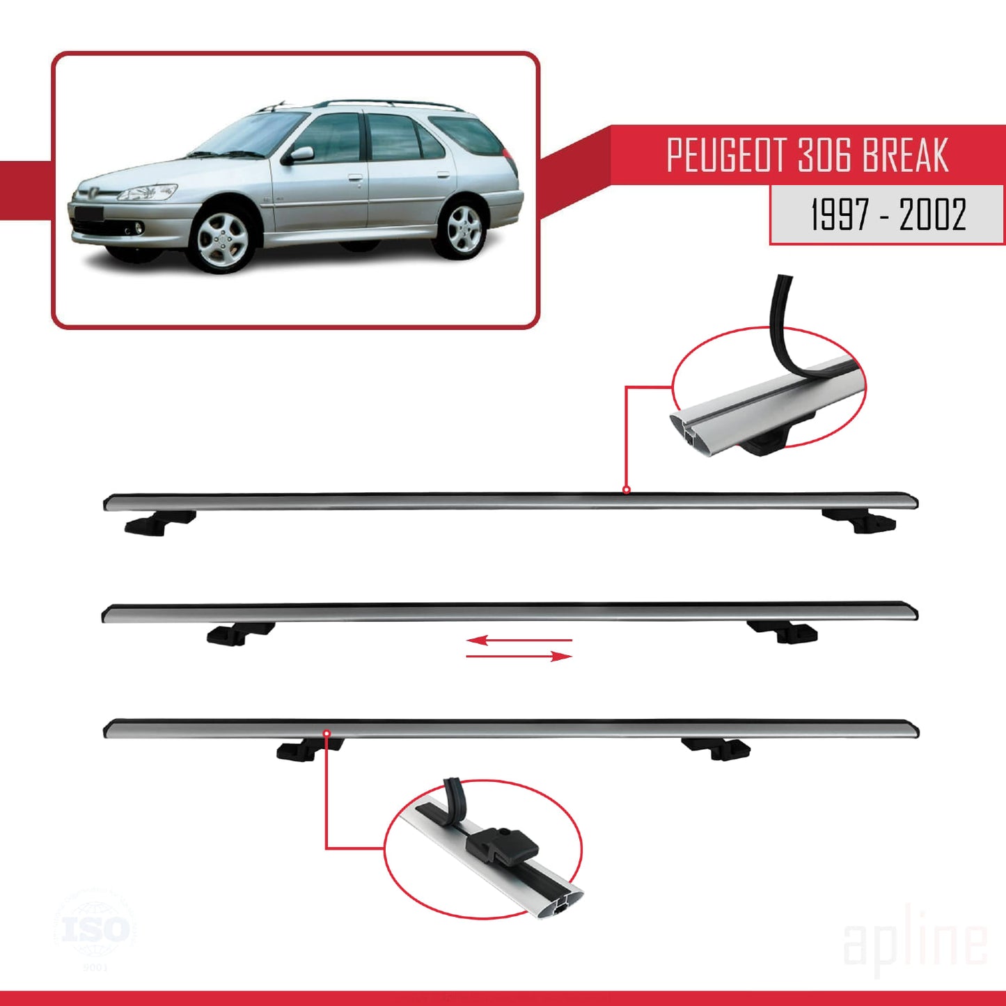 Compatible with Peugeot 306 SW 1997-2002 BASIC Model Car Roof Rack Cross Bar Grey Aluminium 3 Bars