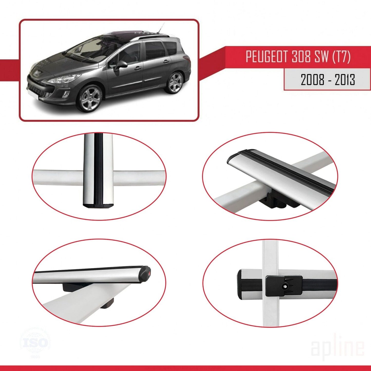 Compatible with Peugeot 308 (T7) SW 2008-2013 BASIC Model Car Roof Rack Cross Bar Grey Aluminium 3 Bars