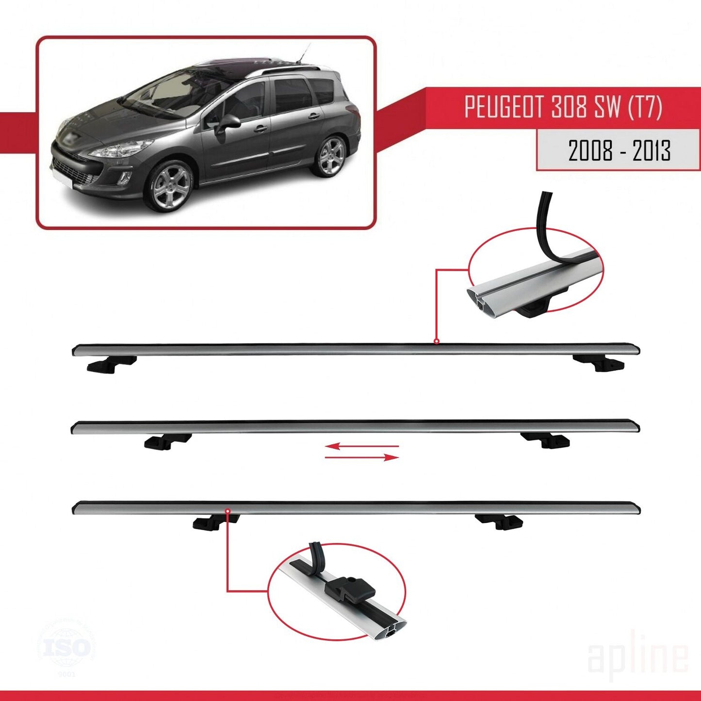 Compatible with Peugeot 308 (T7) SW 2008-2013 BASIC Model Car Roof Rack Cross Bar Grey Aluminium 3 Bars