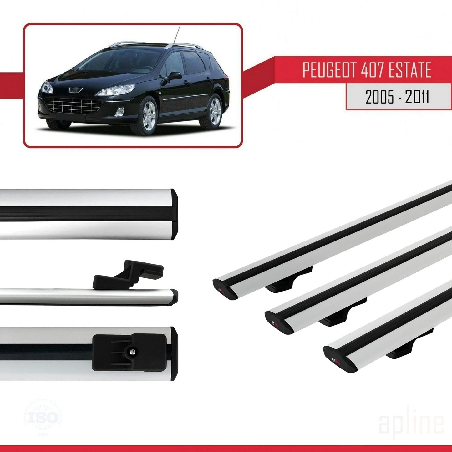 Compatible with Peugeot 407 SW 2005-2011 BASIC Model Car Roof Rack Cross Bar Grey Aluminium 3 Bars