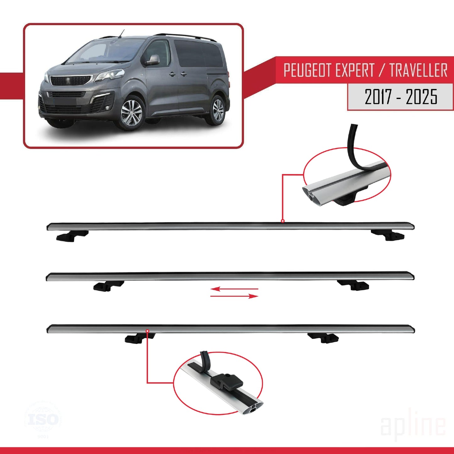 Compatible avec Peugeot Expert 3 Traveller 2017-2025 BASIC Model Barres de Toit Railing Porte-Bagages de Voiture Gris Aluminium 2 Barres