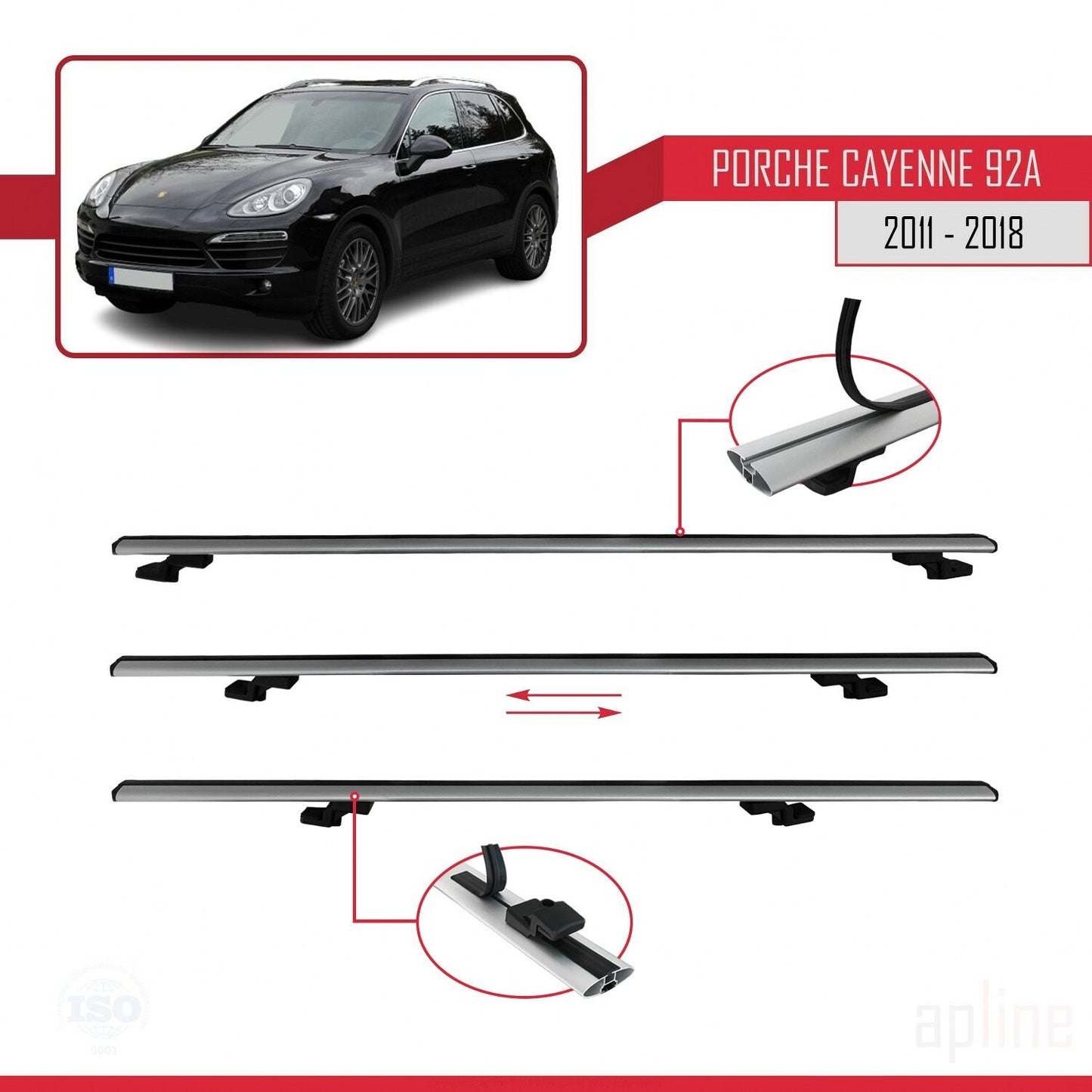 Compatible with Porsche Cayenne 2 (92A) 2011-2018 BASIC Model Car Roof Rack Cross Bar Grey Aluminium 2 Bars