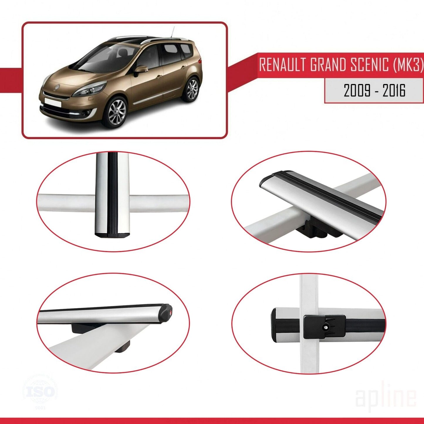 Compatible avec Renault Grand Scenic 3 2009-2016 BASIC Model Barres de Toit Railing Porte-Bagages de Voiture Gris Aluminium 2 Barres