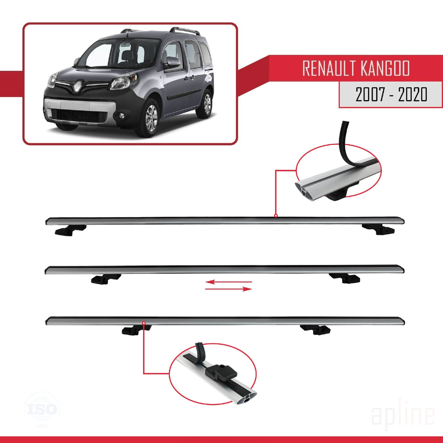 Compatible avec Renault Kangoo 2 (X61) 2007-2020 BASIC Model Barres de Toit Railing Porte-Bagages de Voiture Gris Aluminium 3 Barres