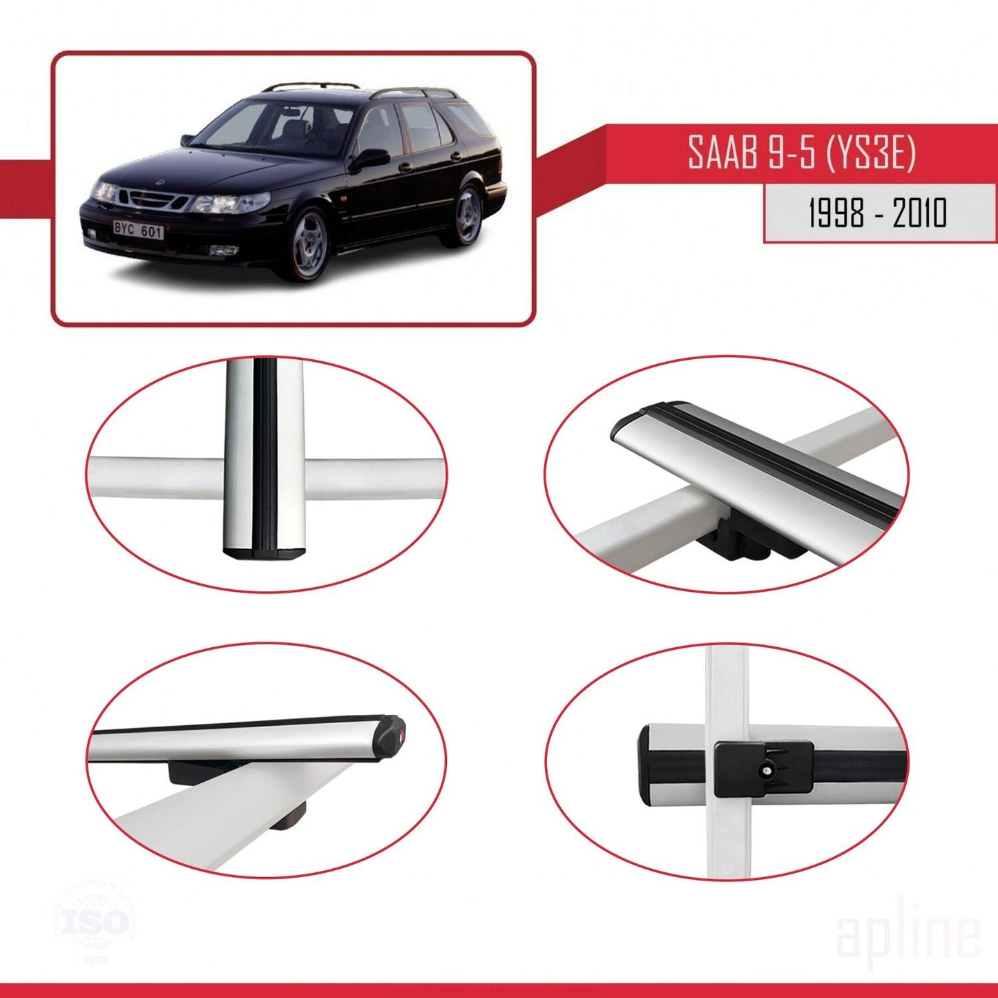 Compatible avec Saab 9-5 (YS3E) Break 1998-2010 BASIC Model Barres de Toit Railing Porte-Bagages de Voiture Gris Aluminium 3 Barres