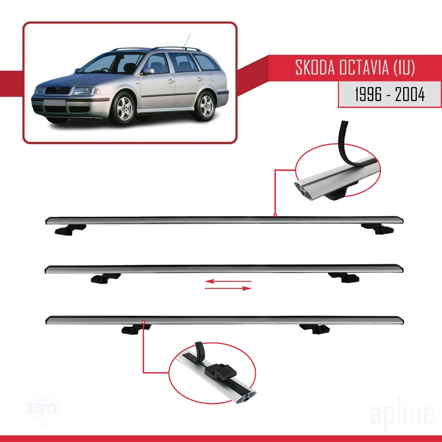 Compatible with Skoda Octavia (1U) 1996-2004 BASIC Model Car Roof Rack Cross Bar Grey Aluminium 2 Bars