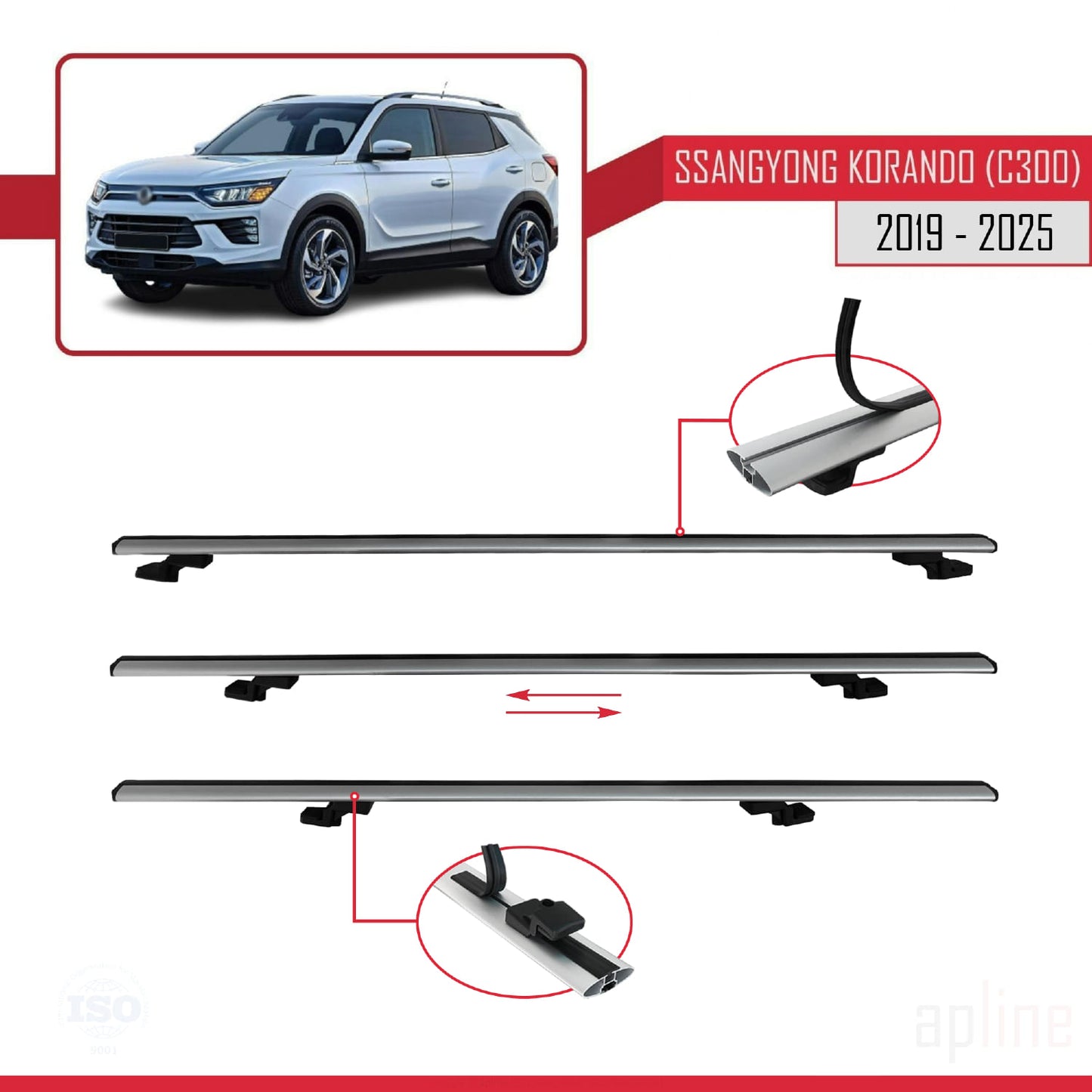 Compatible avec Ssangyong Korando 4 (C300) 2019-2025 BASIC Model Barres de Toit Railing Porte-Bagages de Voiture Gris Aluminium 2 Barres