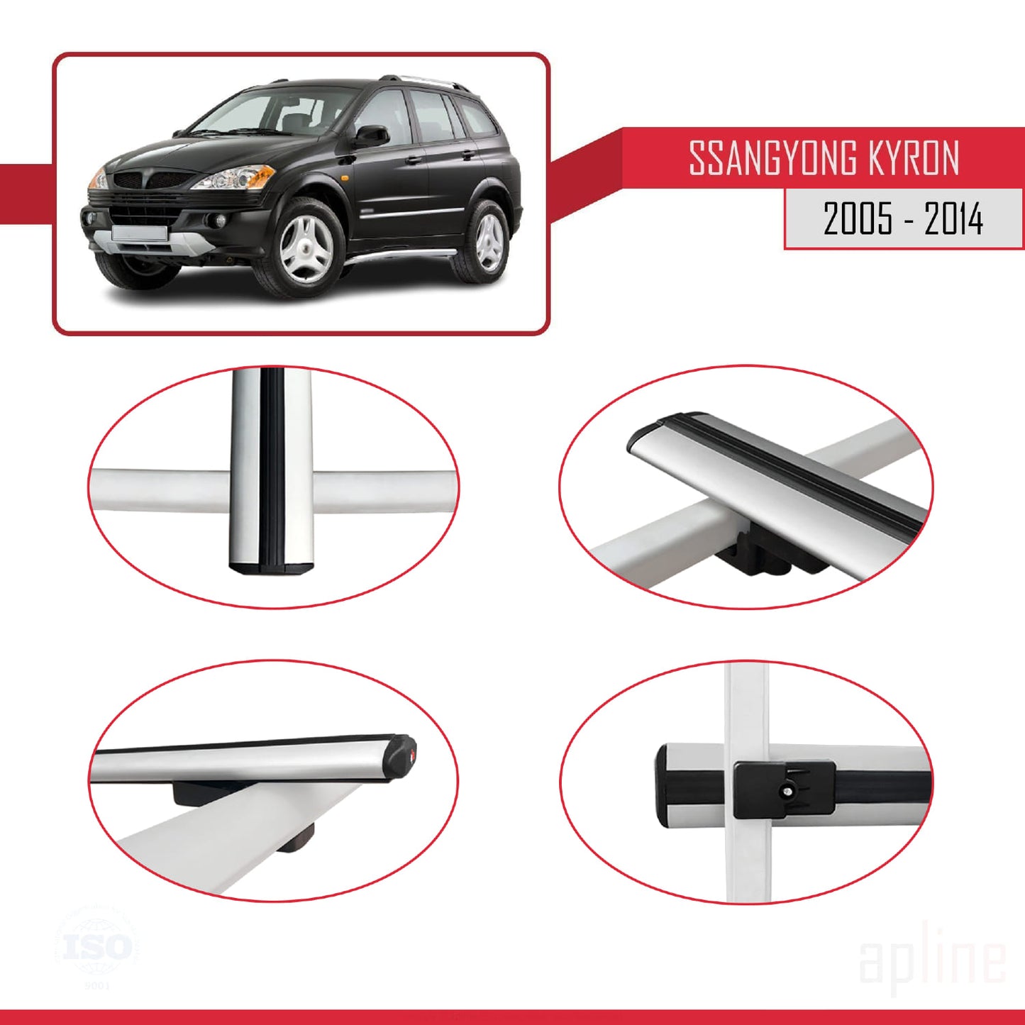 Compatible avec Ssangyong Kyron 2005-2014 BASIC Model Barres de Toit Railing Porte-Bagages de Voiture Gris Aluminium 3 Barres