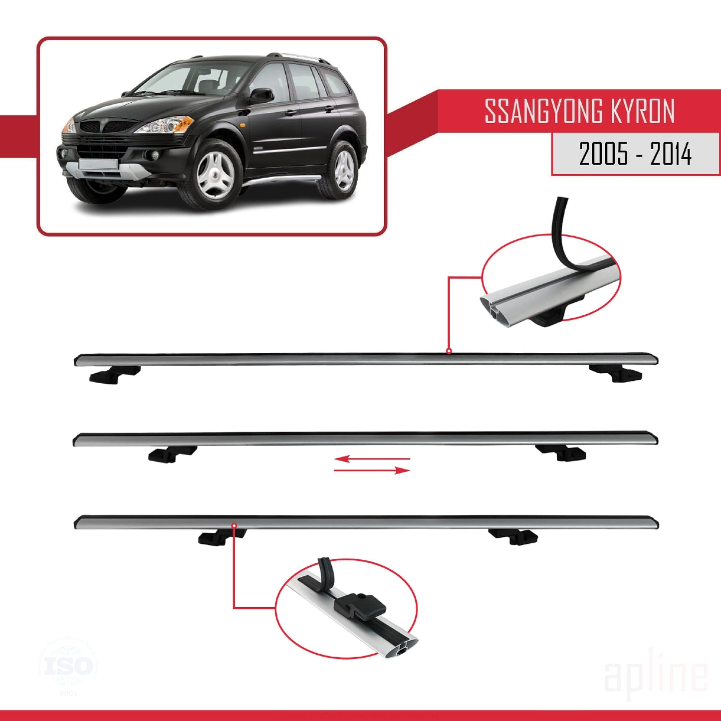 Compatible avec Ssangyong Kyron 2005-2014 BASIC Model Barres de Toit Railing Porte-Bagages de Voiture Gris Aluminium 3 Barres