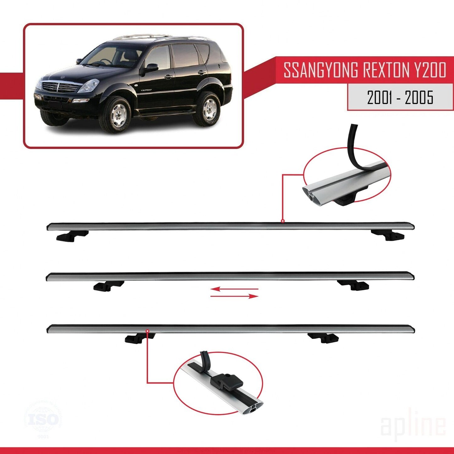 Compatible with Ssangyong Rexton (Y200) 2001-2005 BASIC Model Car Roof Rack Cross Bar Grey Aluminium 3 Bars