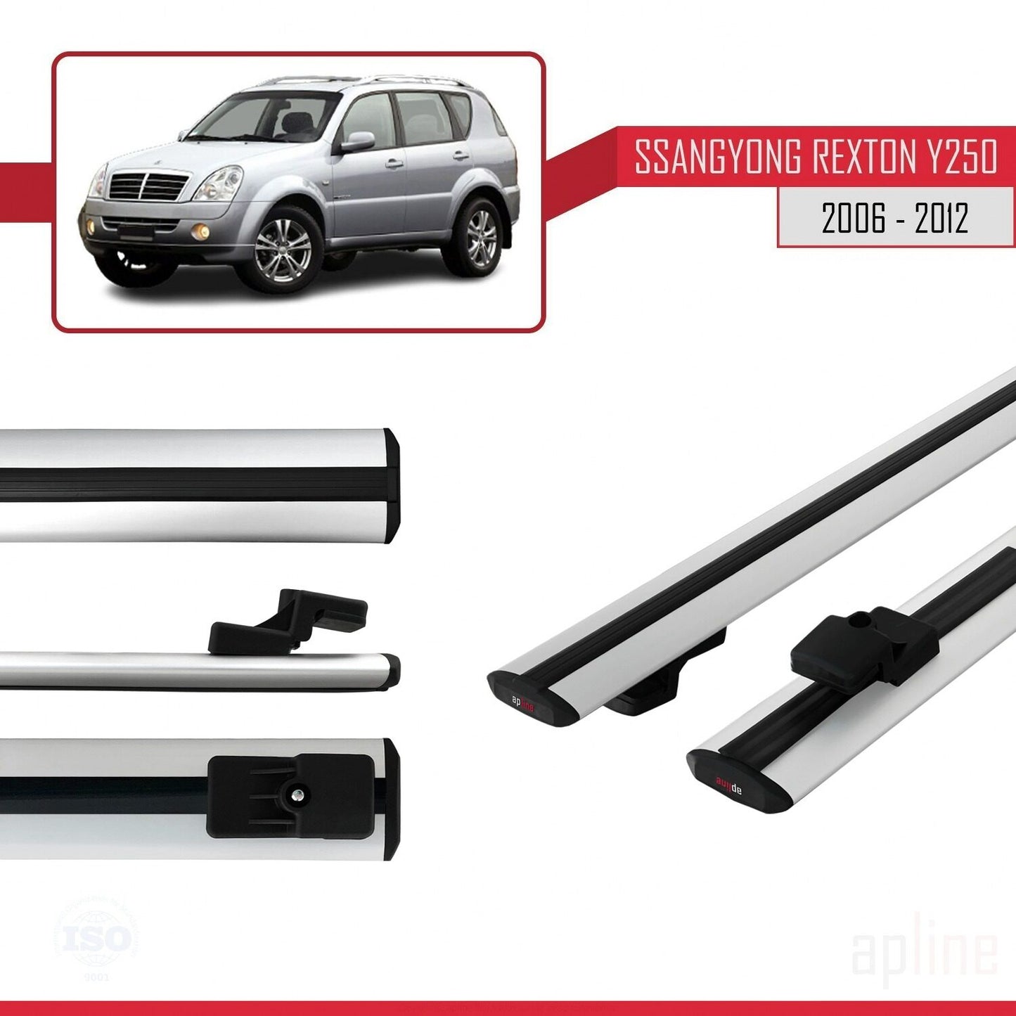 Compatible with Ssangyong Rexton (Y250) 2006-2012 BASIC Model Car Roof Rack Cross Bar Grey Aluminium 2 Bars