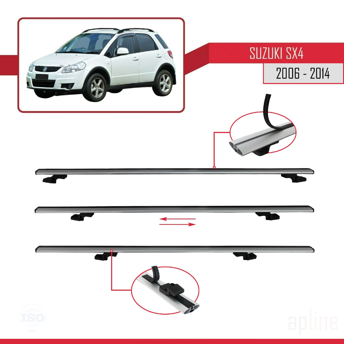 Compatible avec Suzuki SX4 II (JY) 2006-2014 BASIC Model Barres de Toit Railing Porte-Bagages de Voiture Gris Aluminium 3 Barres