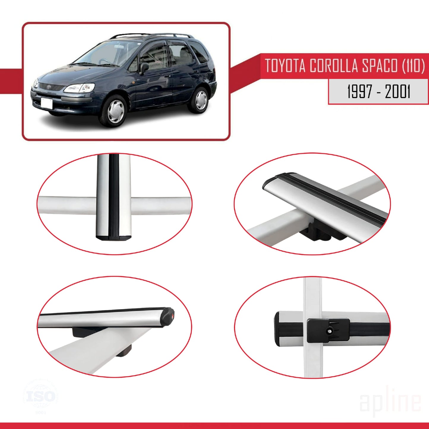 Compatible avec Toyota Corolla Spacio (E110) 1997-2001 BASIC Model Barres de Toit Railing Porte-Bagages de Voiture Gris Aluminium 2 Barres