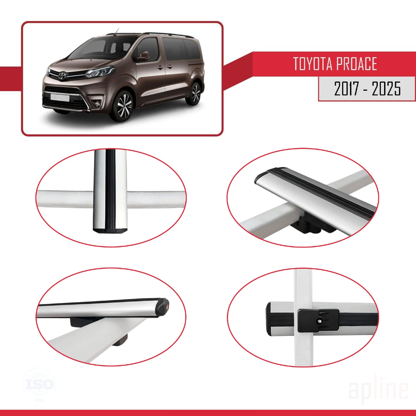 Compatible avec Toyota Proace 2017-2025 BASIC Model Barres de Toit Railing Porte-Bagages de Voiture Gris Aluminium 3 Barres