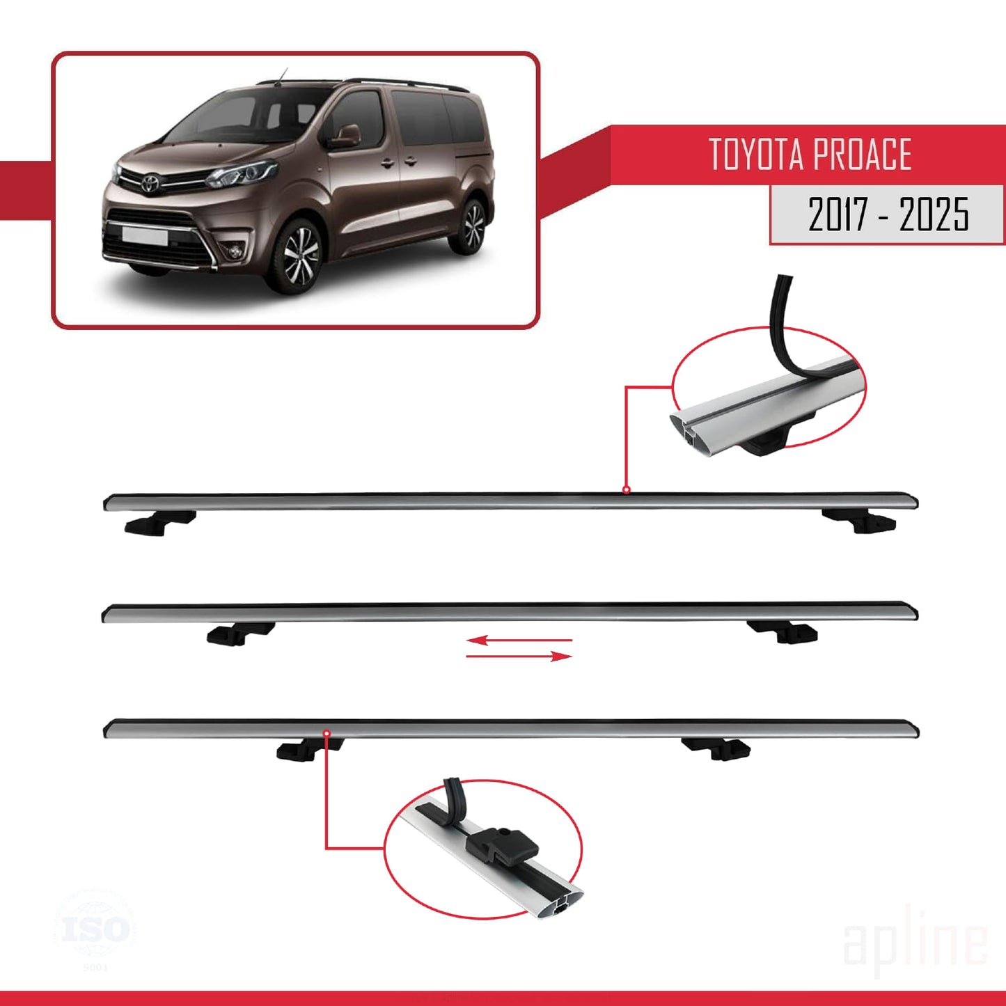 Compatible avec Toyota Proace 2017-2025 BASIC Model Barres de Toit Railing Porte-Bagages de Voiture Gris Aluminium 2 Barres