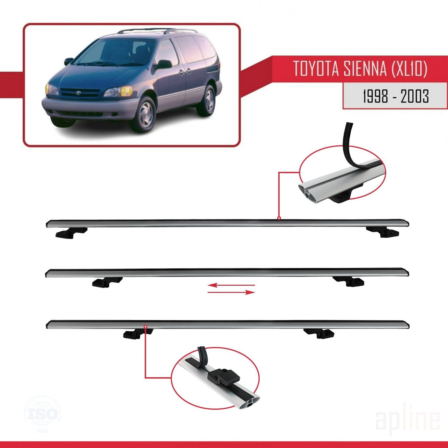 Compatible avec Toyota Sienna (XL10) 1998-2003 BASIC Model Barres de Toit Railing Porte-Bagages de Voiture Gris Aluminium 2 Barres