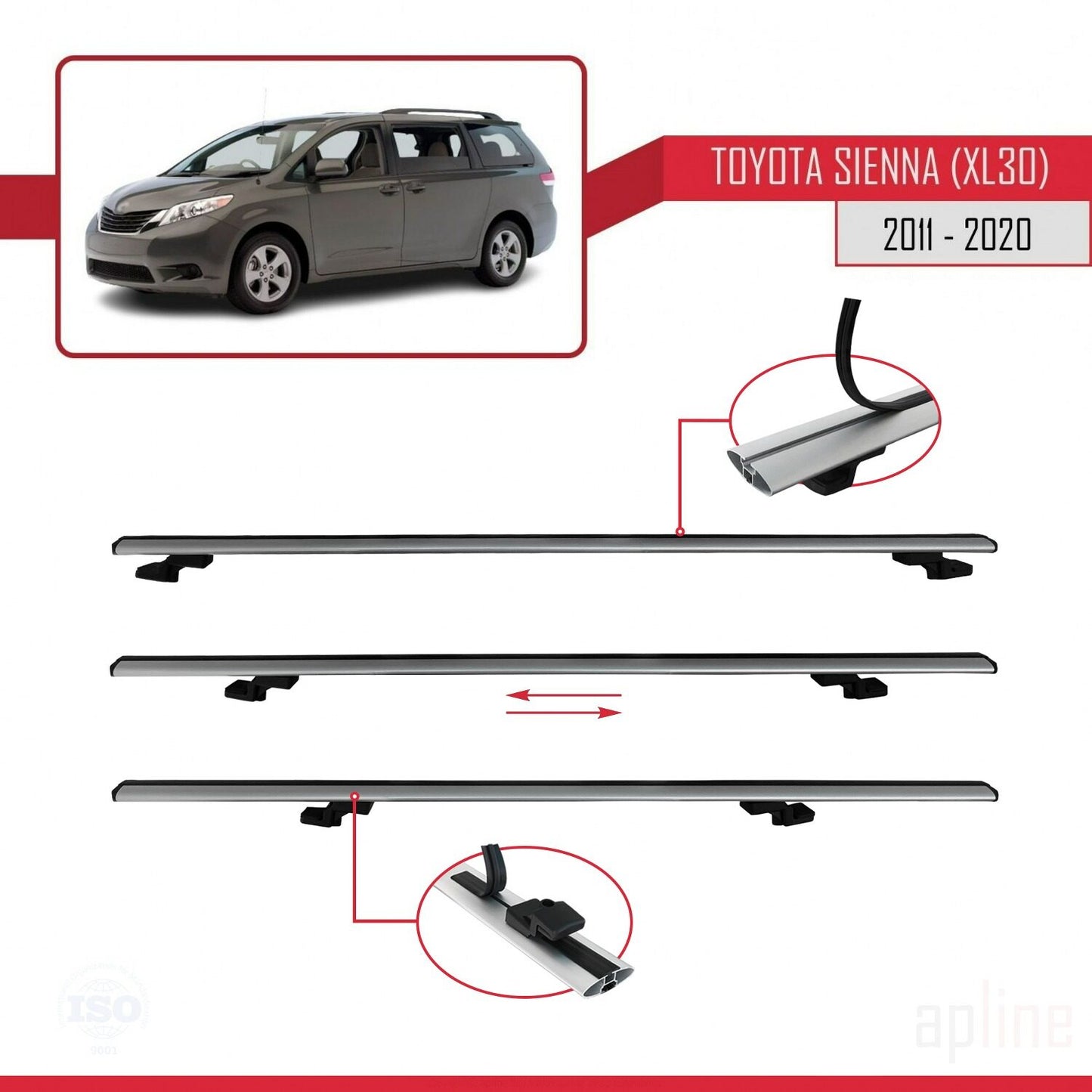 Compatible avec Toyota Sienna 3 (XL30) 2011-2020 BASIC Model Barres de Toit Railing Porte-Bagages de Voiture Gris Aluminium 3 Barres
