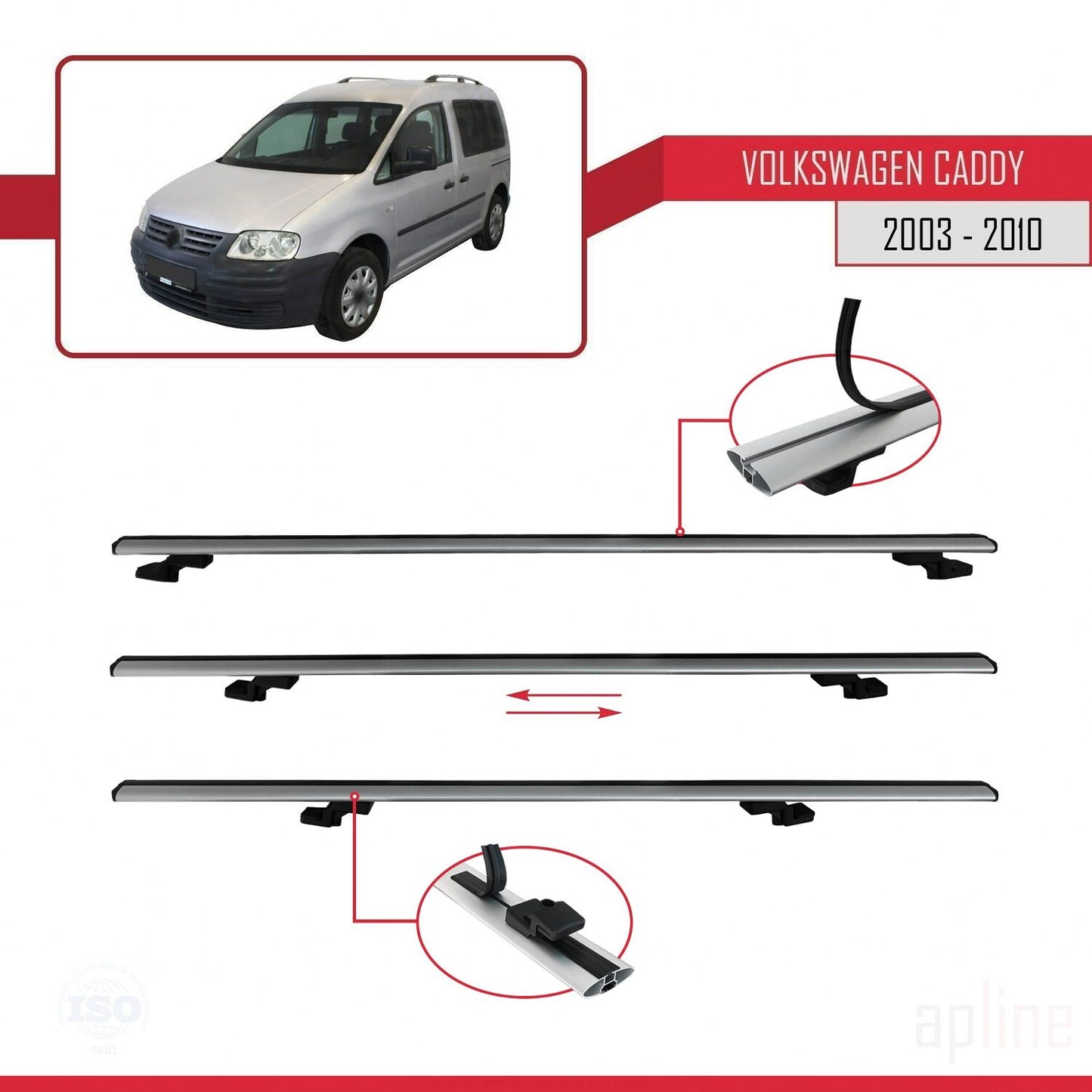 Compatible avec Volkswagen Caddy 3 (2K) 2003-2010 BASIC Model Barres de Toit Railing Porte-Bagages de Voiture Gris Aluminium 3 Barres
