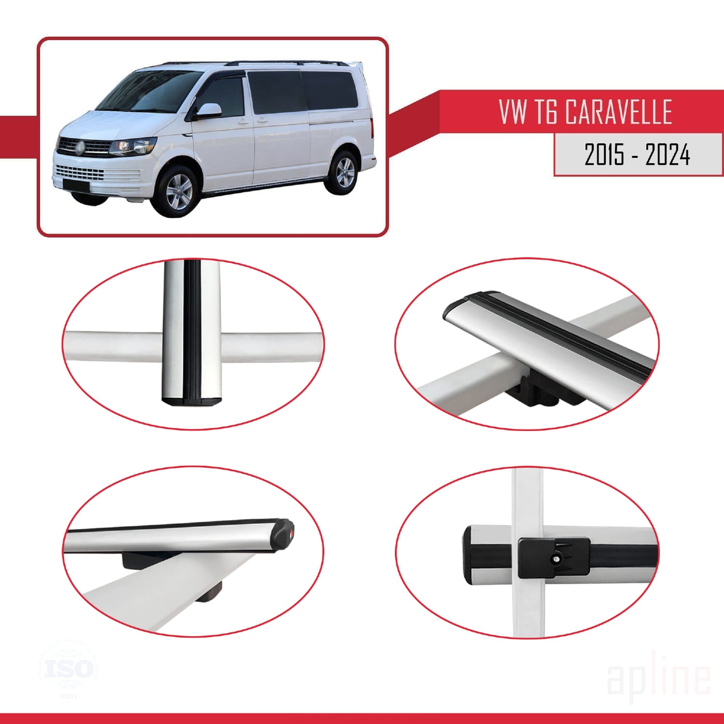 Compatible avec Volkswagen T6 Caravelle 2015-2024 BASIC Model Barres de Toit Railing Porte-Bagages de Voiture Gris Aluminium 4 Barres