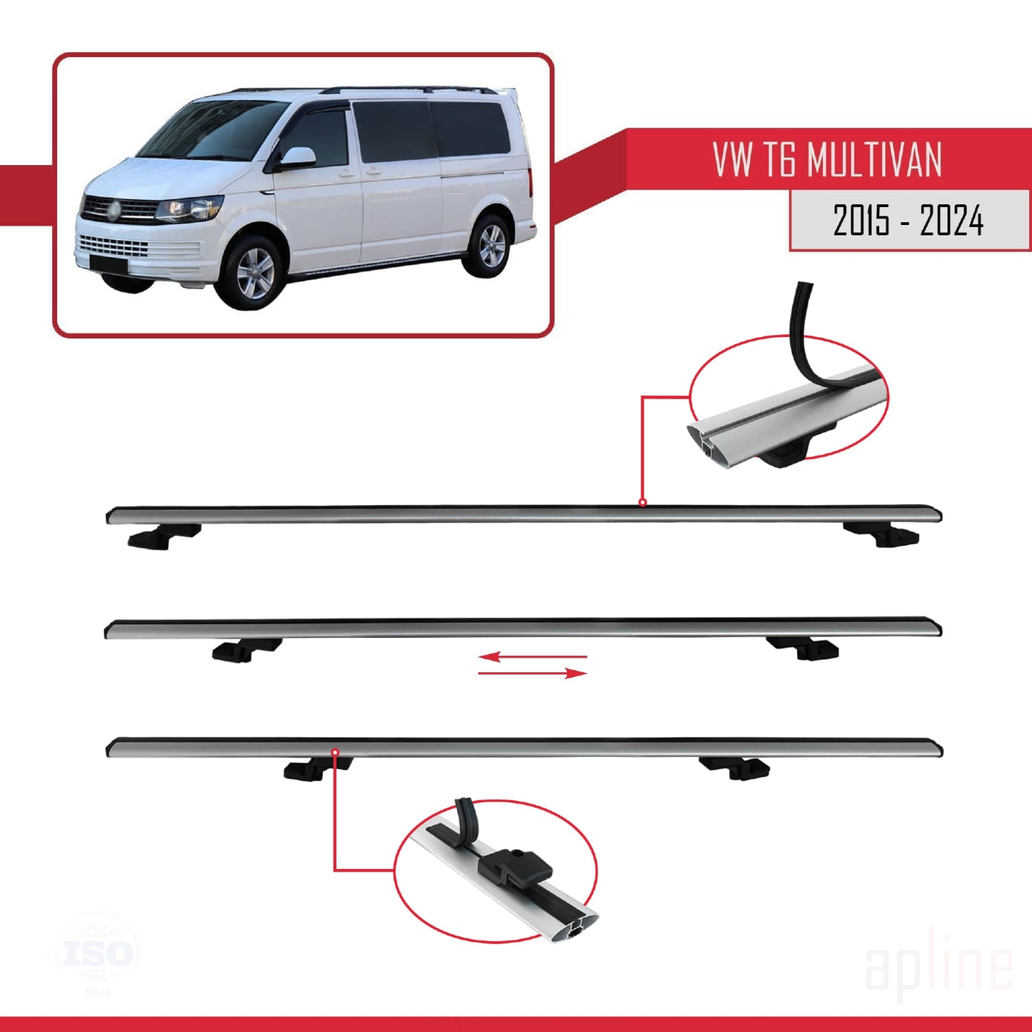 Compatible avec Volkswagen T6 Multivan 2015-2024 BASIC Model Barres de Toit Railing Porte-Bagages de Voiture Gris Aluminium 4 Barres