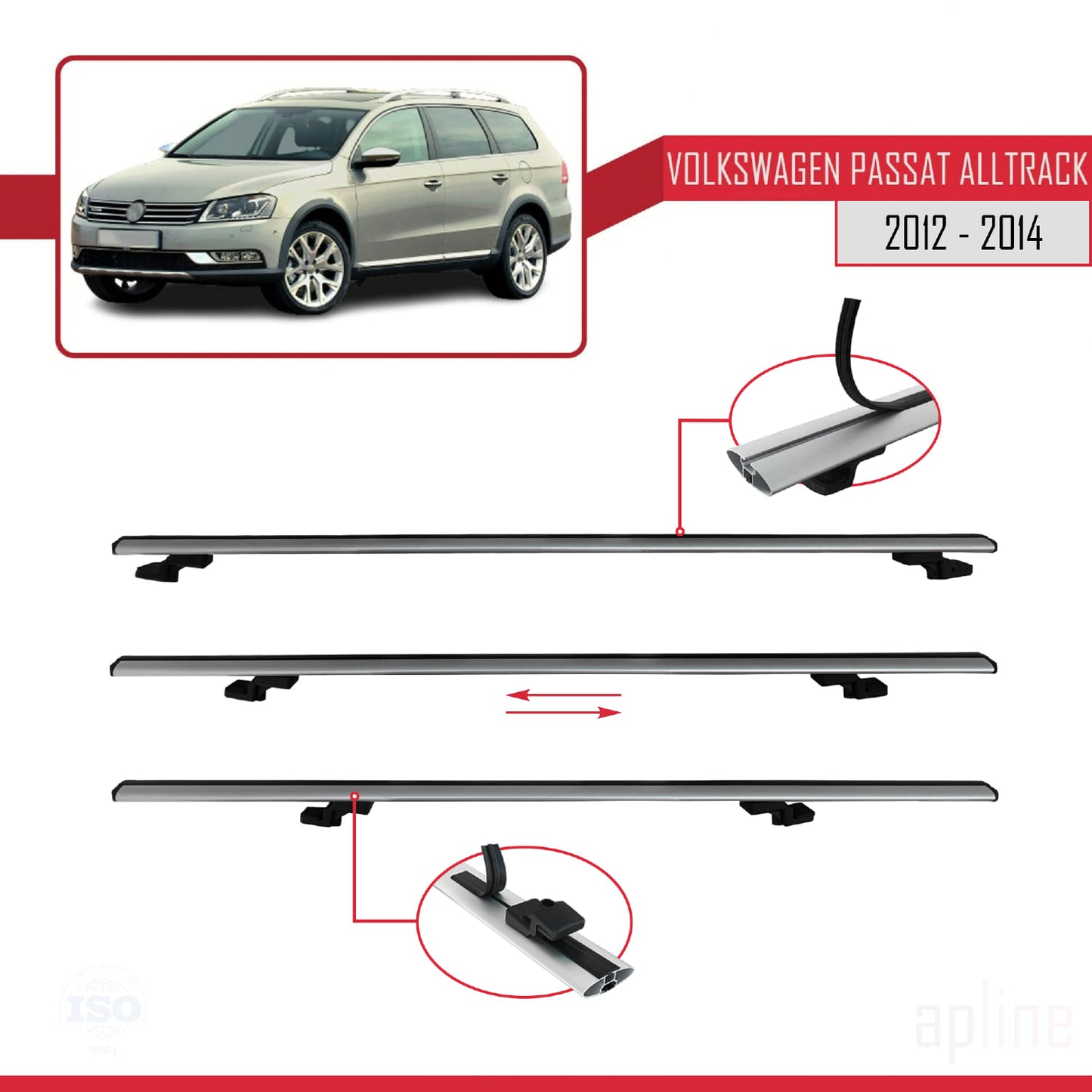Compatible avec Volkswagen Passat B7 (3C) Alltrack 2012-2014 BASIC Model Barres de Toit Railing Porte-Bagages de Voiture Gris Aluminium 3 Barres
