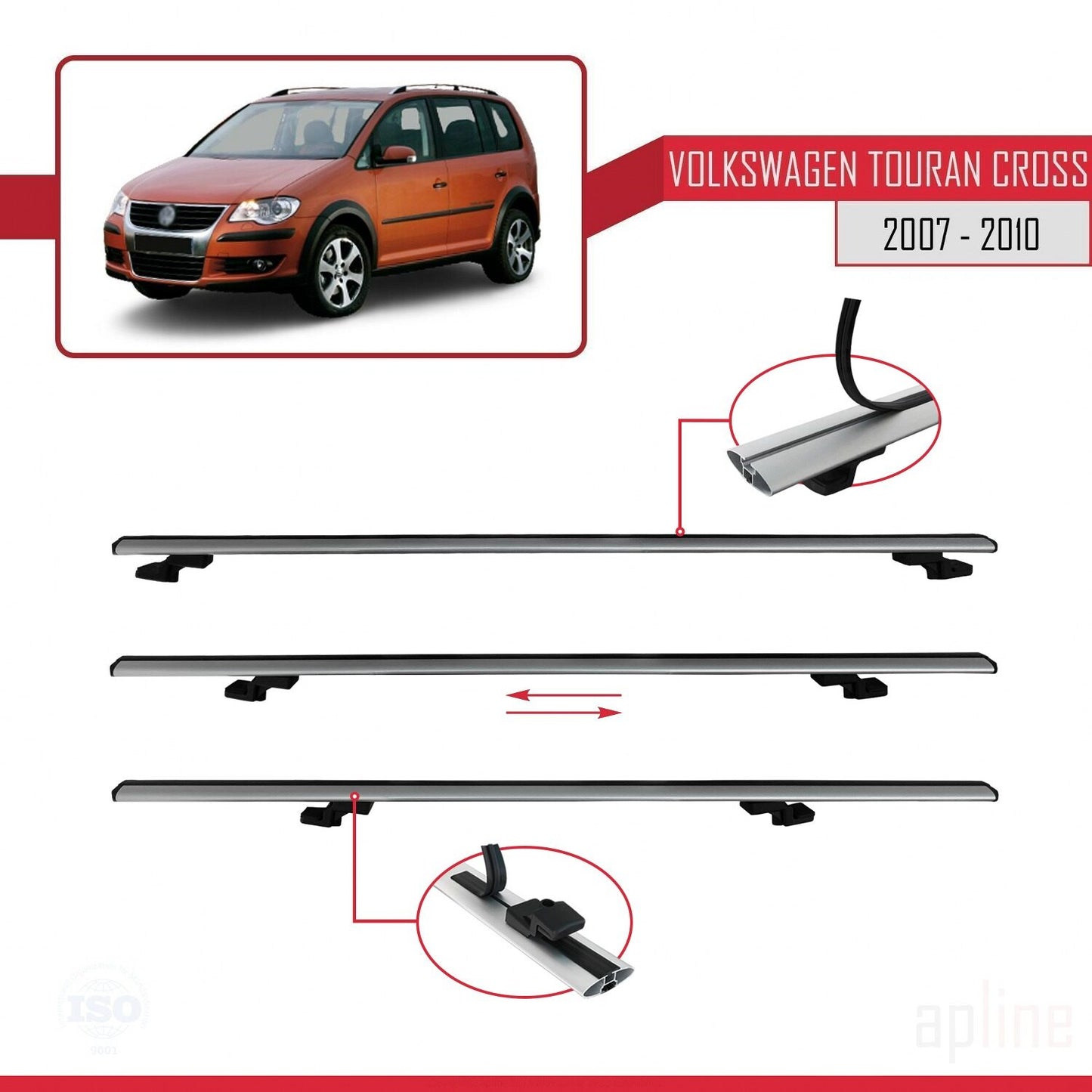 Compatible avec Volkswagen Touran Cross Pre-Facelift 2007-2010 BASIC Model Barres de Toit Railing Porte-Bagages de Voiture Gris Aluminium 3 Barres