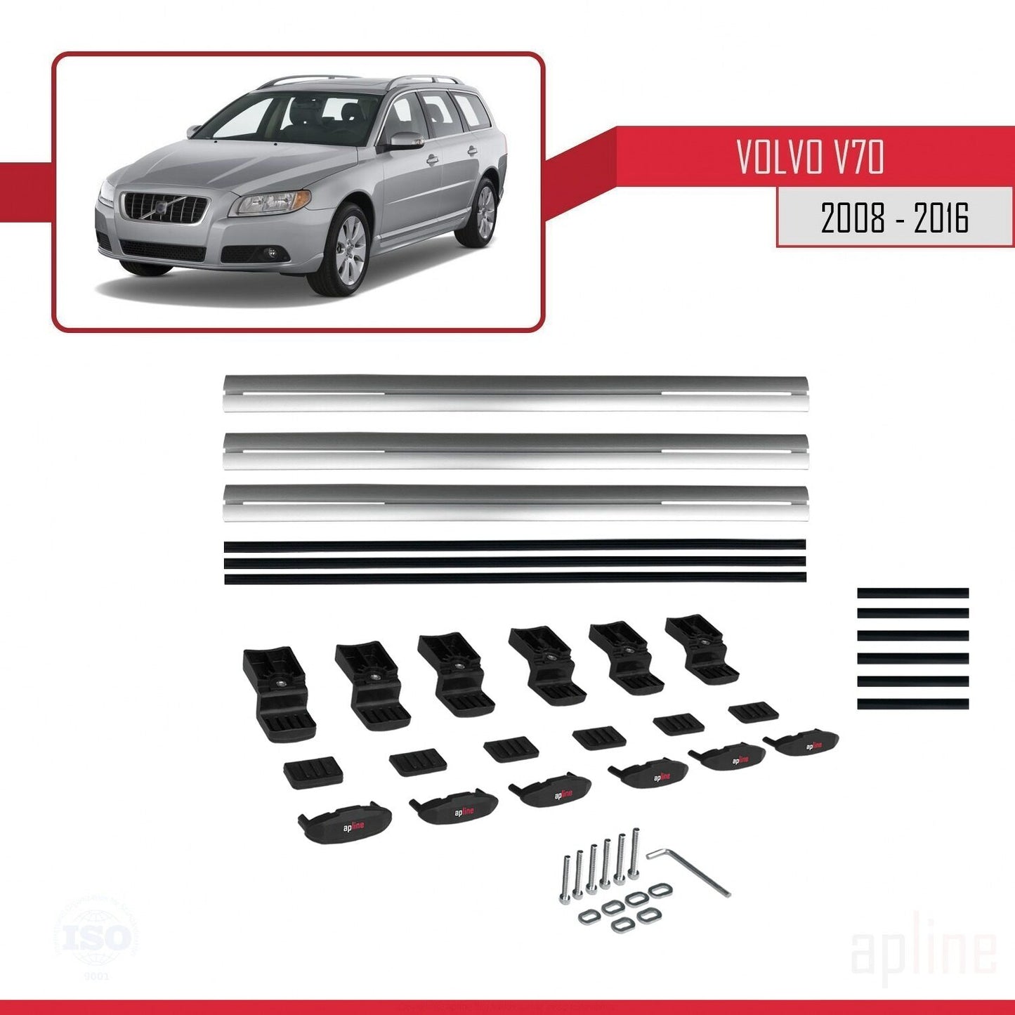 Compatible avec Volvo V70 III 2008-2016 BASIC Model Barres de Toit Railing Porte-Bagages de Voiture Gris Aluminium 3 Barres