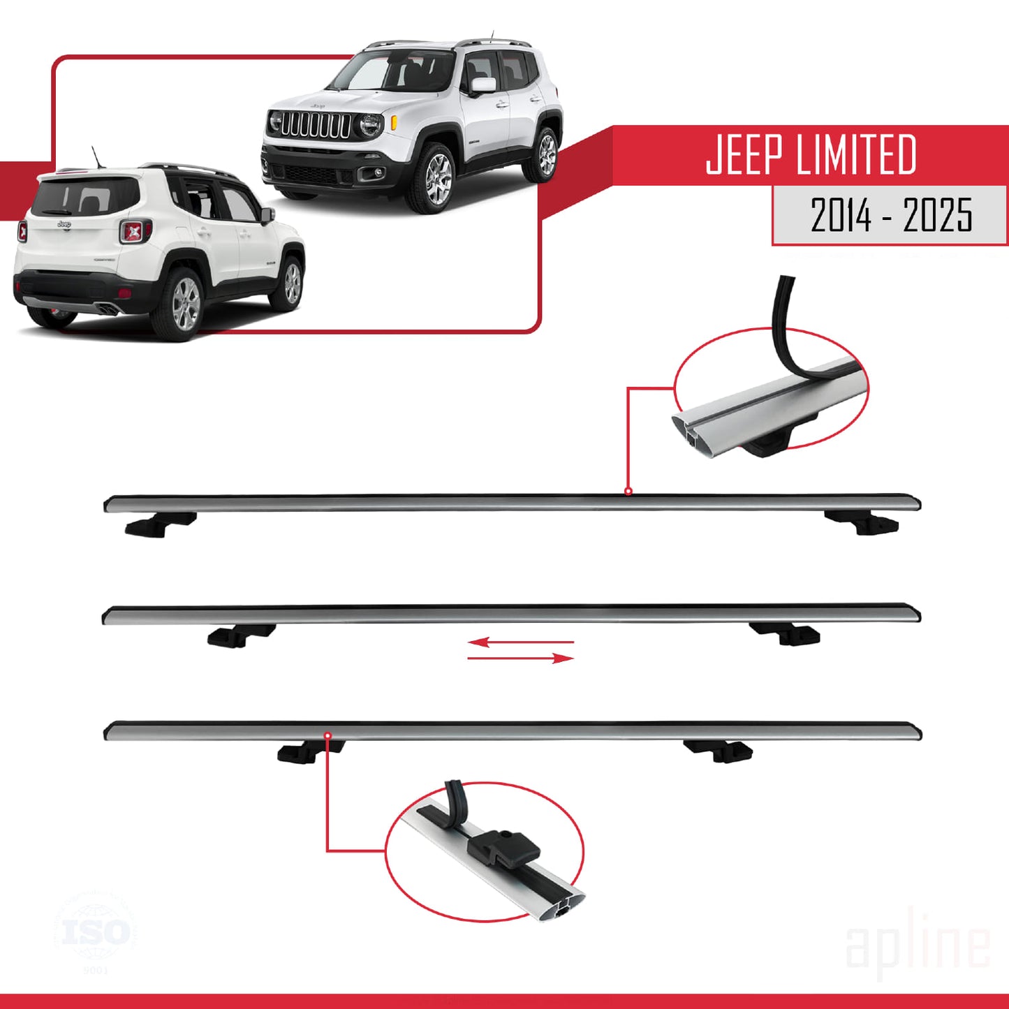 Compatible avec Jeep Limited 2014-2025 BASIC Model Barres de Toit Railing Porte-Bagages de Voiture Gris Aluminium 3 Barres