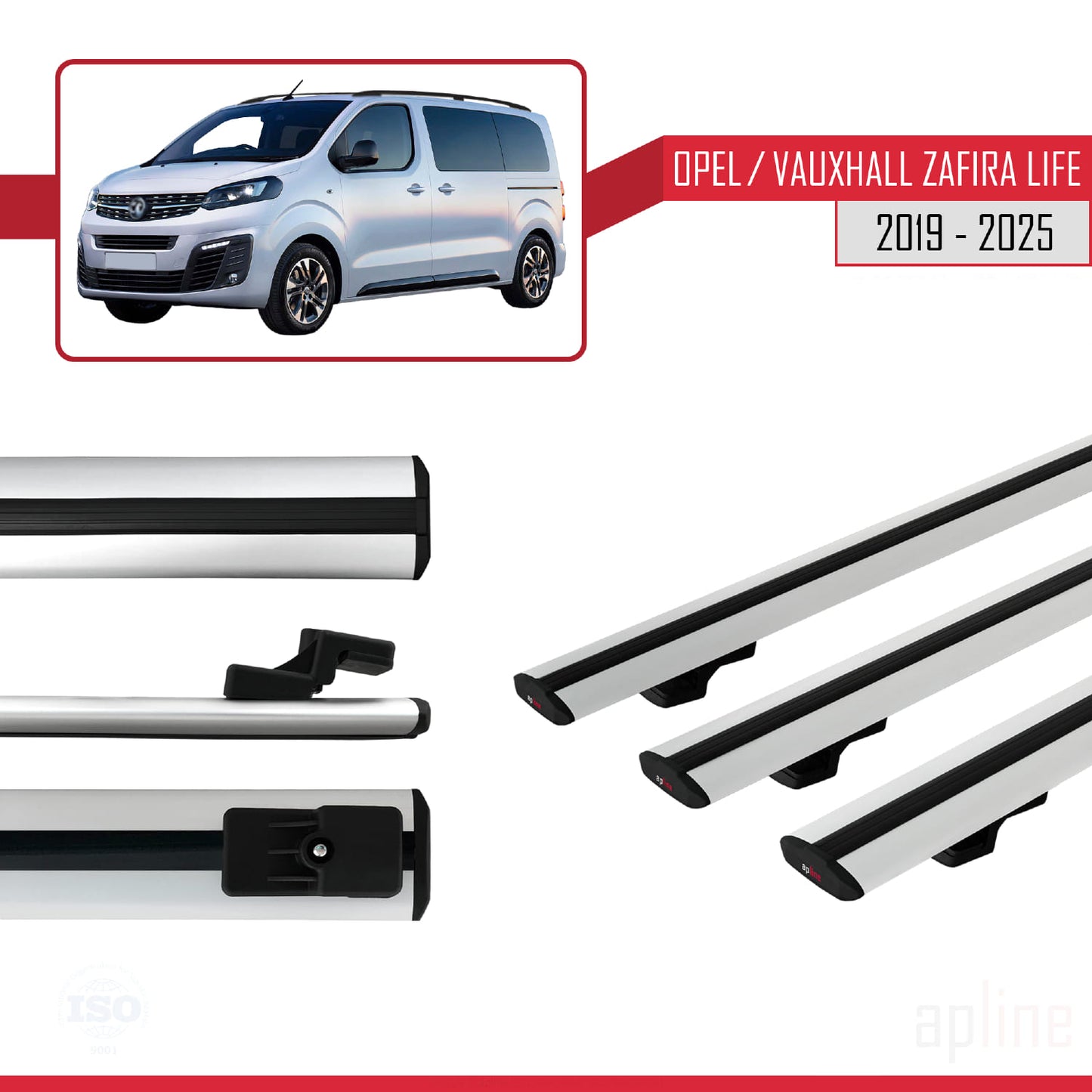 Compatible with Opel Zafira Life 2019-2025 BASIC Model Car Roof Rack Cross Bar Grey Aluminium 3 Bars
