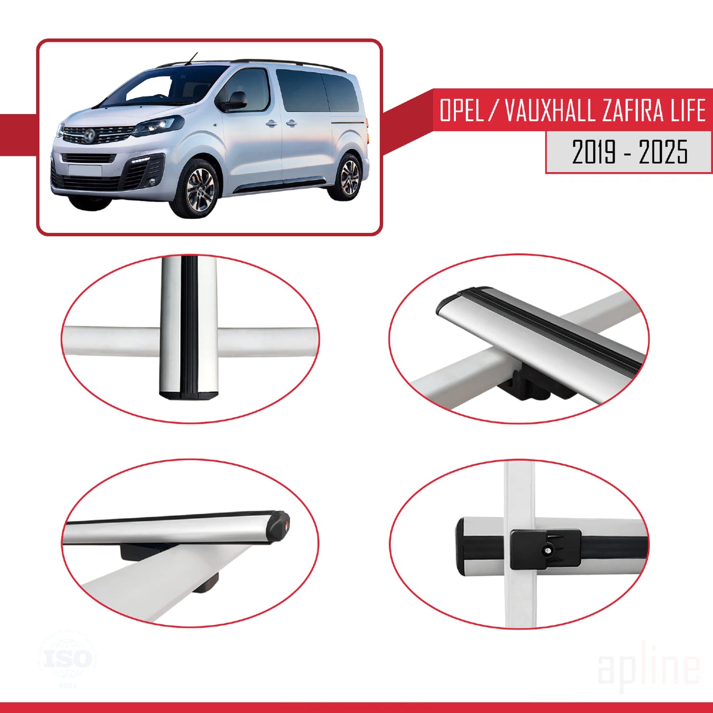 Compatible with Opel Zafira Life 2019-2025 BASIC Model Car Roof Rack Cross Bar Grey Aluminium 3 Bars