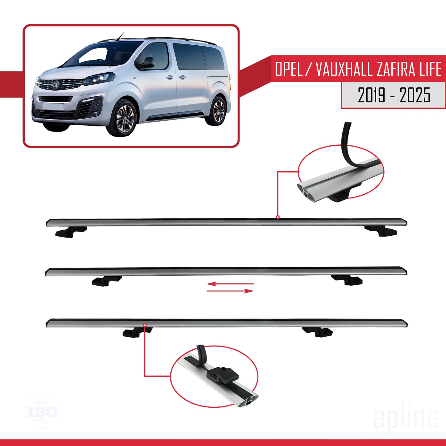 Compatible with Opel Zafira Life 2019-2025 BASIC Model Car Roof Rack Cross Bar Grey Aluminium 3 Bars
