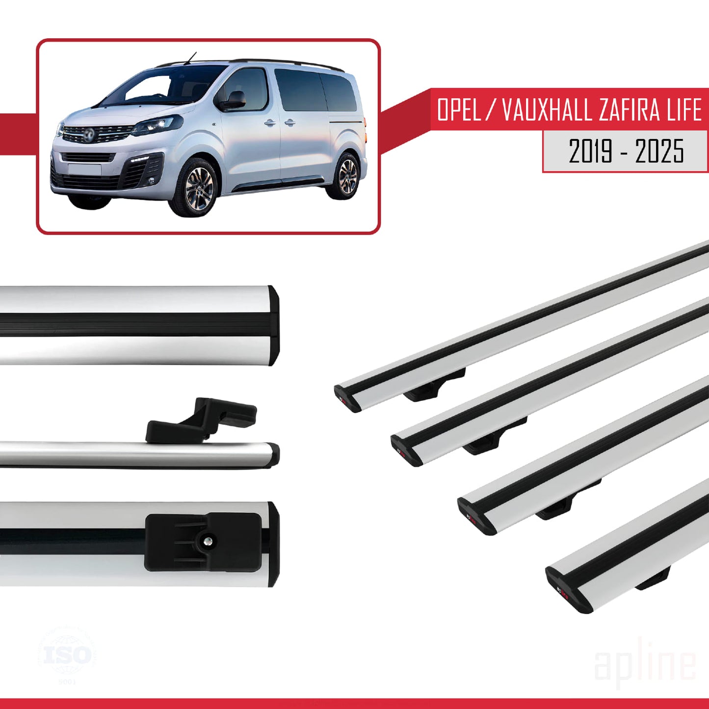 Compatible with Opel Zafira Life 2019-2025 BASIC Model Car Roof Rack Cross Bar Grey Aluminium 4 Bars