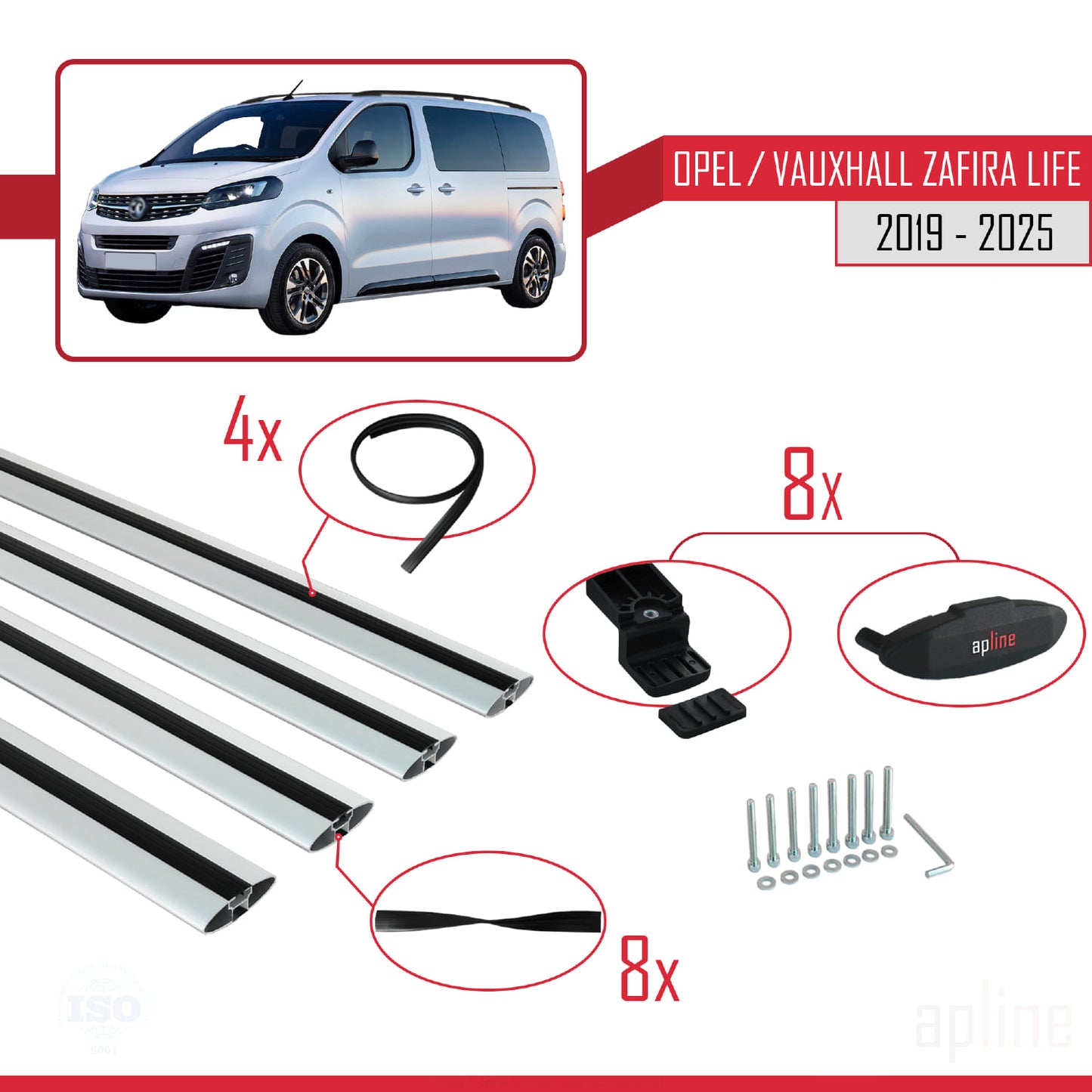 Compatible with Opel Zafira Life 2019-2025 BASIC Model Car Roof Rack Cross Bar Grey Aluminium 4 Bars