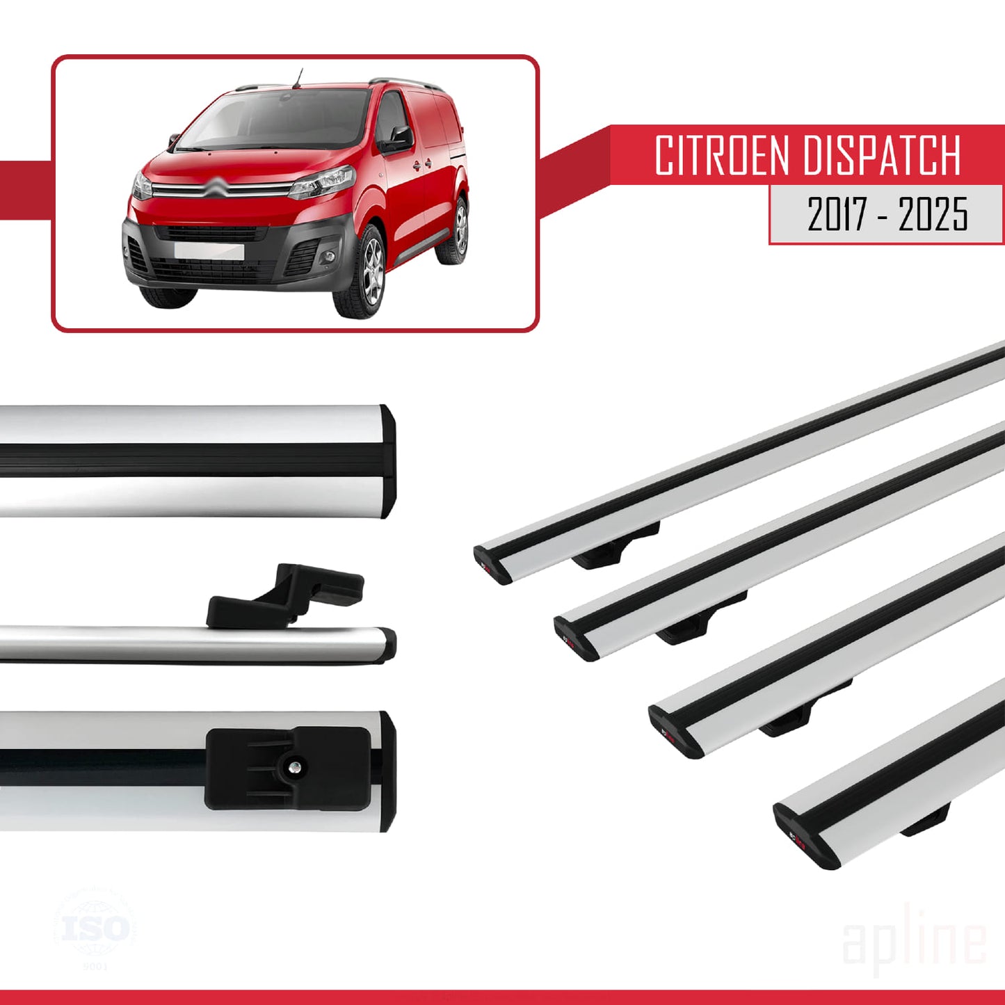 Compatible avec Citroen Dispatch (K0) 2017-2025 BASIC Model Barres de Toit Railing Porte-Bagages de Voiture Gris Aluminium 4 Barres