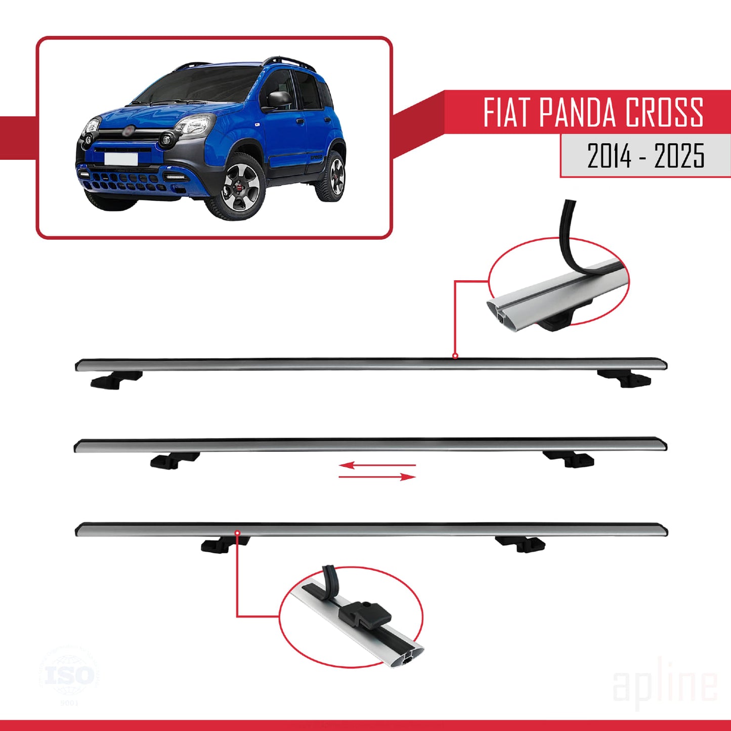 Compatible avec Fiat Panda Cross 2014-2025 BASIC Model Barres de Toit Railing Porte-Bagages de Voiture Gris Aluminium 3 Barres