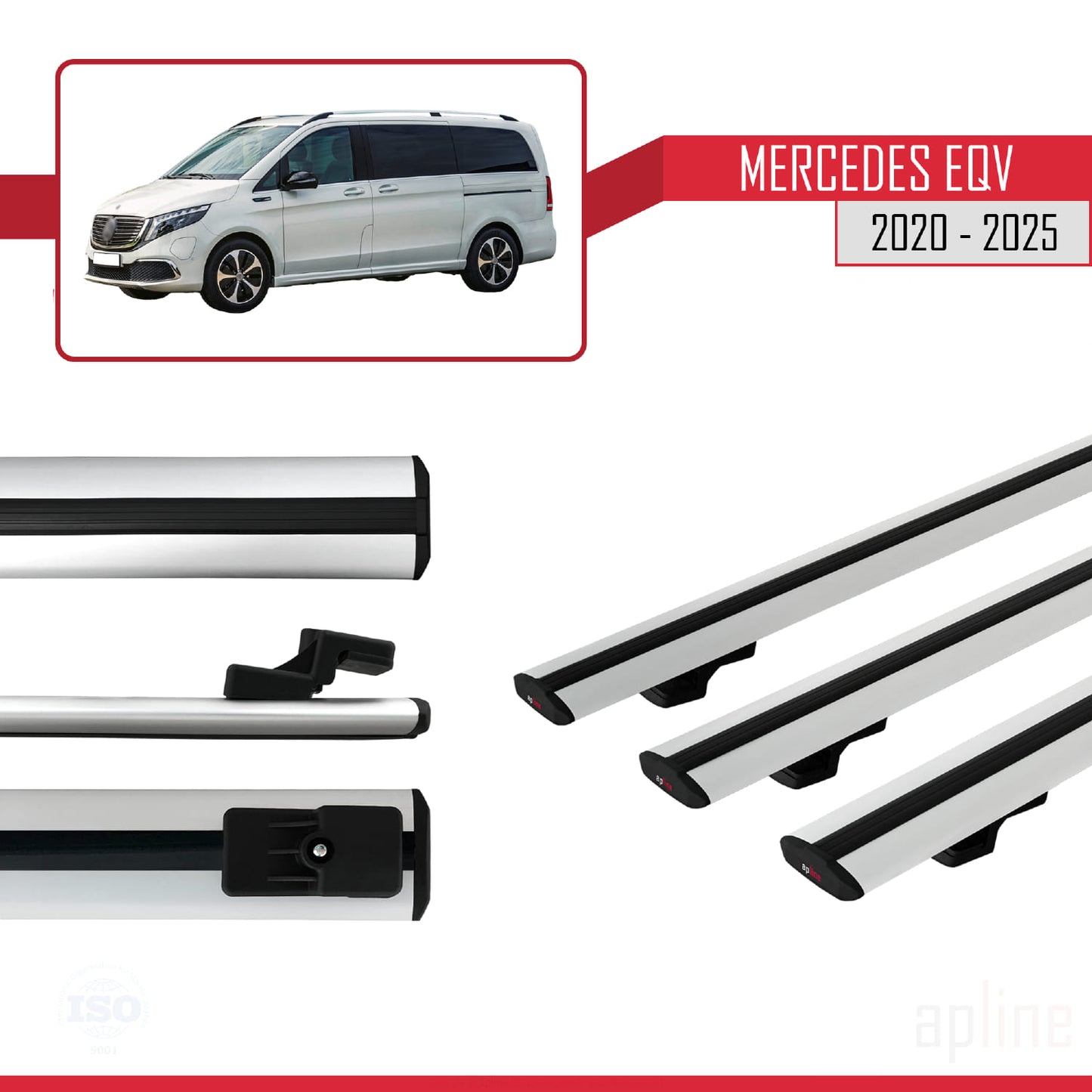 Compatible avec Mercedes EQV (W447) 2020-2025 BASIC Model Barres de Toit Railing Porte-Bagages de Voiture Gris Aluminium 3 Barres