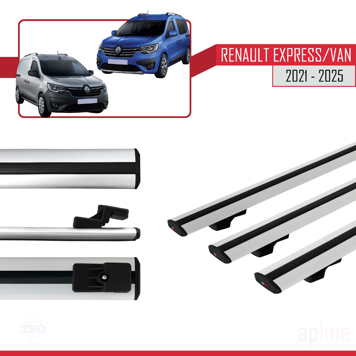 Compatible avec Renault Express 2021-2025 BASIC Model Barres de Toit Railing Porte-Bagages de Voiture Gris Aluminium 3 Barres