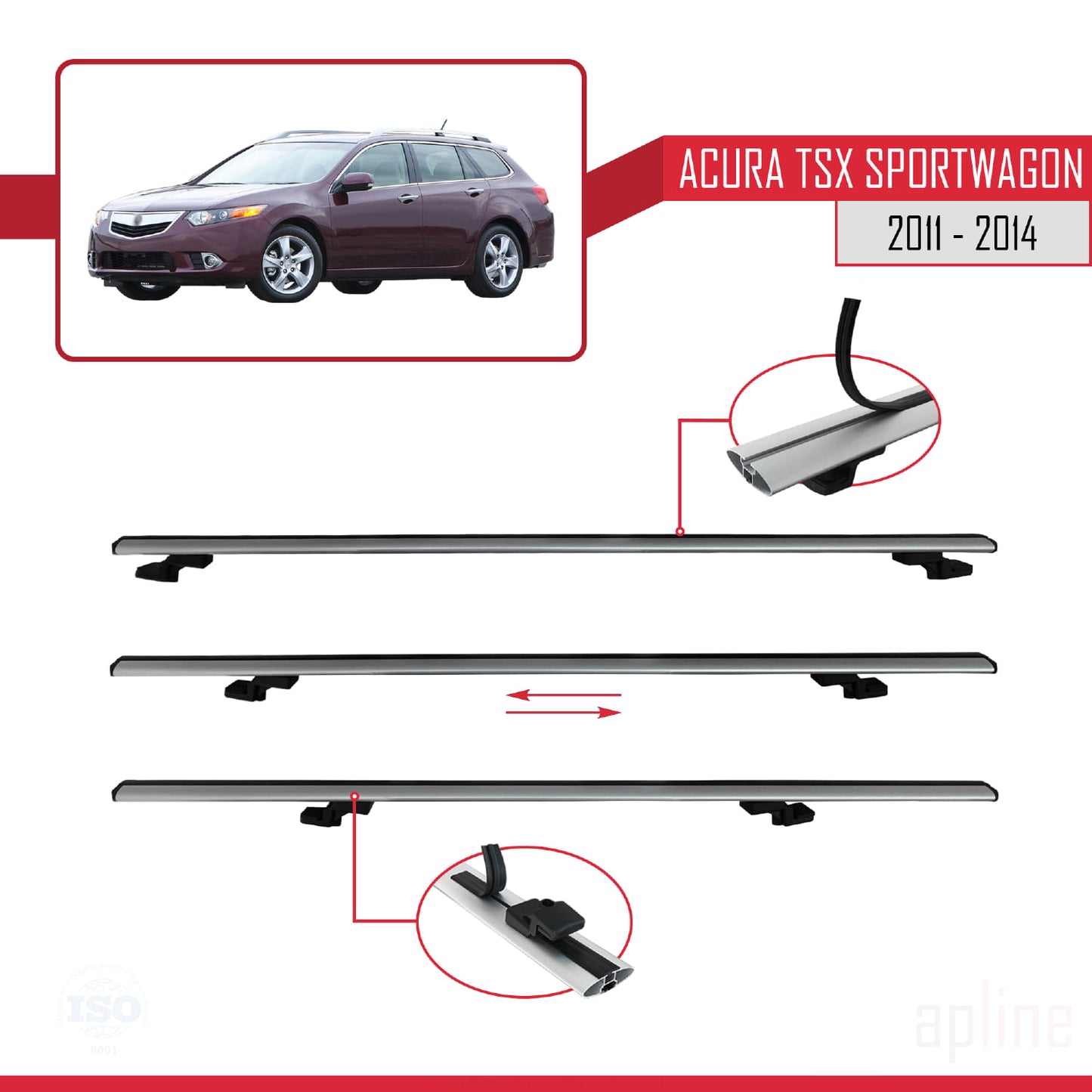 Compatible avec Acura TSX Sport Wagon 2011-2014 BASIC Model Barres de Toit Railing Porte-Bagages de Voiture Gris Aluminium 3 Barres