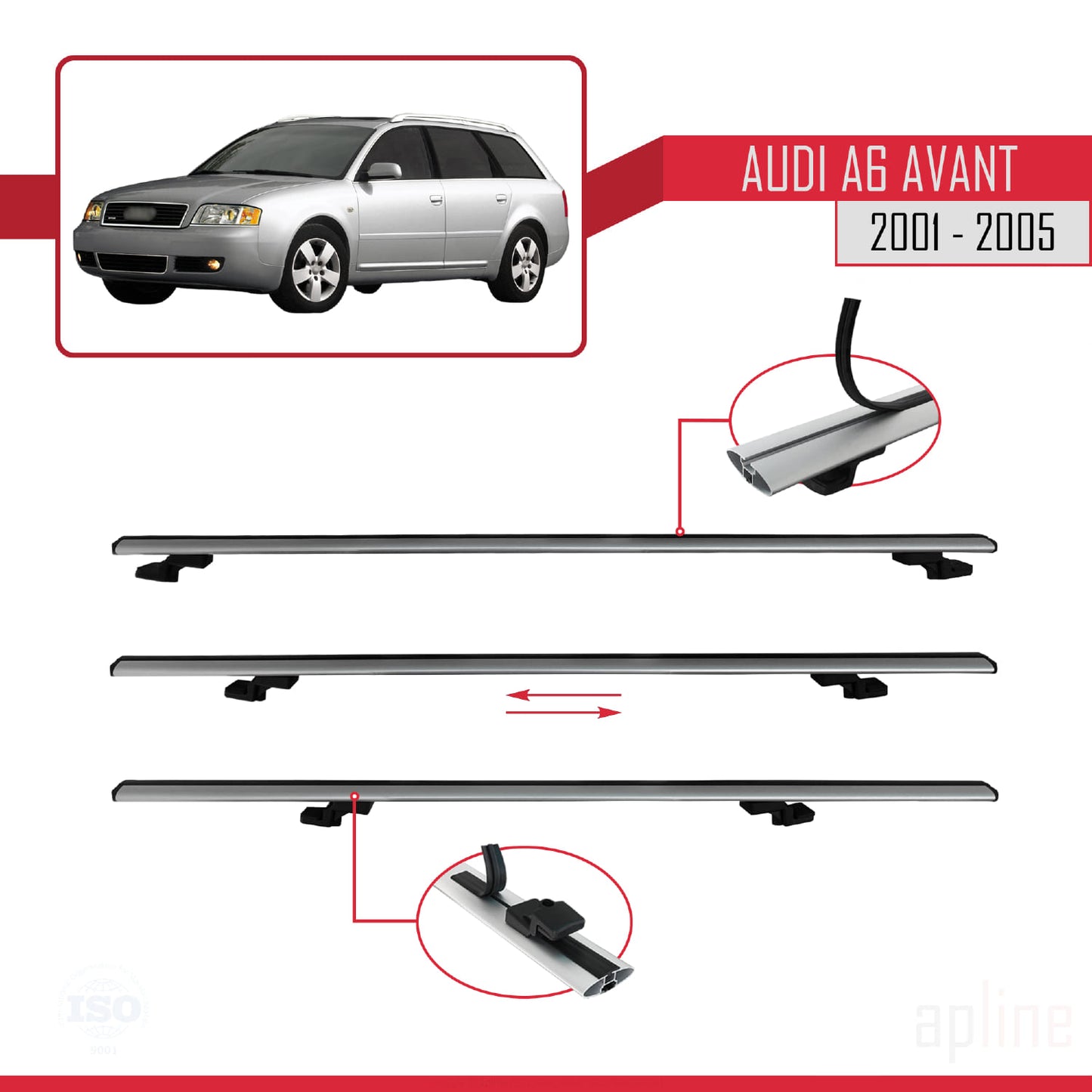 Compatible avec Audi A6 Avant 2001-2005 BASIC Model Barres de Toit Railing Porte-Bagages de Voiture Gris Aluminium 2 Barres