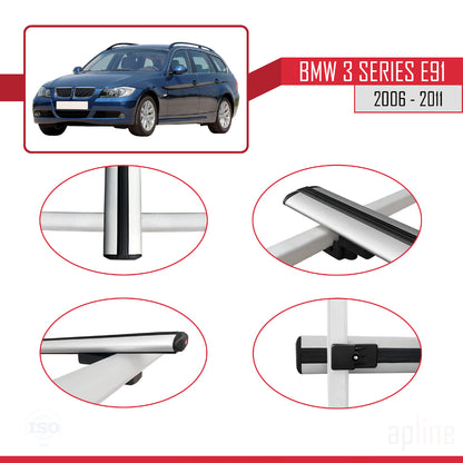 Compatible avec BMW 3 Series E91 Touring 2006-2011 BASIC Model Barres de Toit Railing Porte-Bagages de Voiture Gris Aluminium 3 Barres