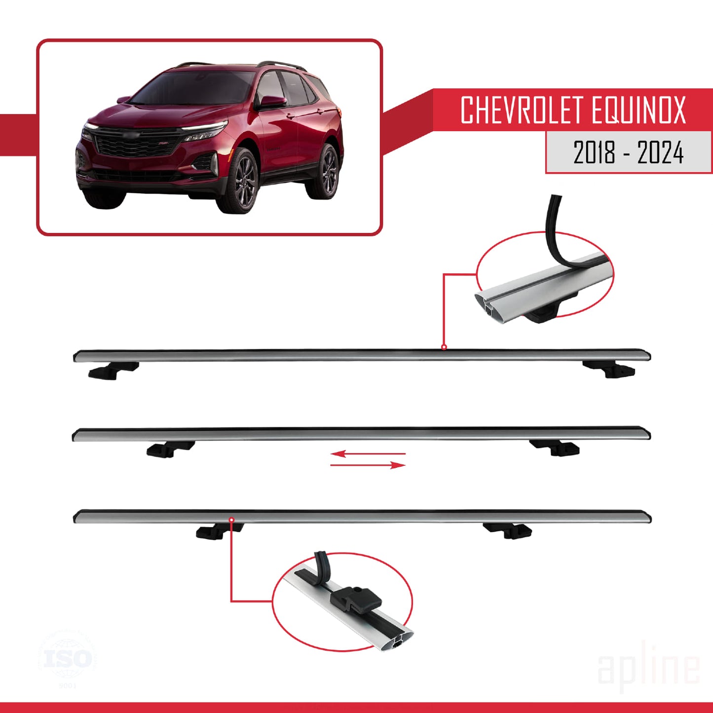 Compatible avec Chevrolet Equinox 2018-2024 BASIC Model Barres de Toit Railing Porte-Bagages de Voiture Gris Aluminium 3 Barres