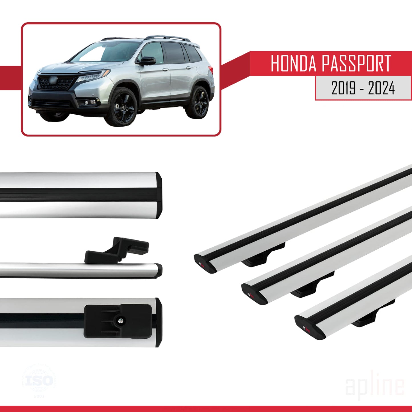 Compatible with Honda Passport 2019-2024 BASIC Model Car Roof Rack Cross Bar Grey Aluminium 3 Bars