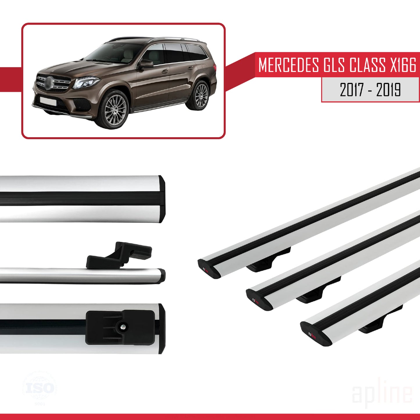 Compatible avec Mercedes GLS Class X166 2017-2019 BASIC Model Barres de Toit Railing Porte-Bagages de Voiture Gris Aluminium 3 Barres