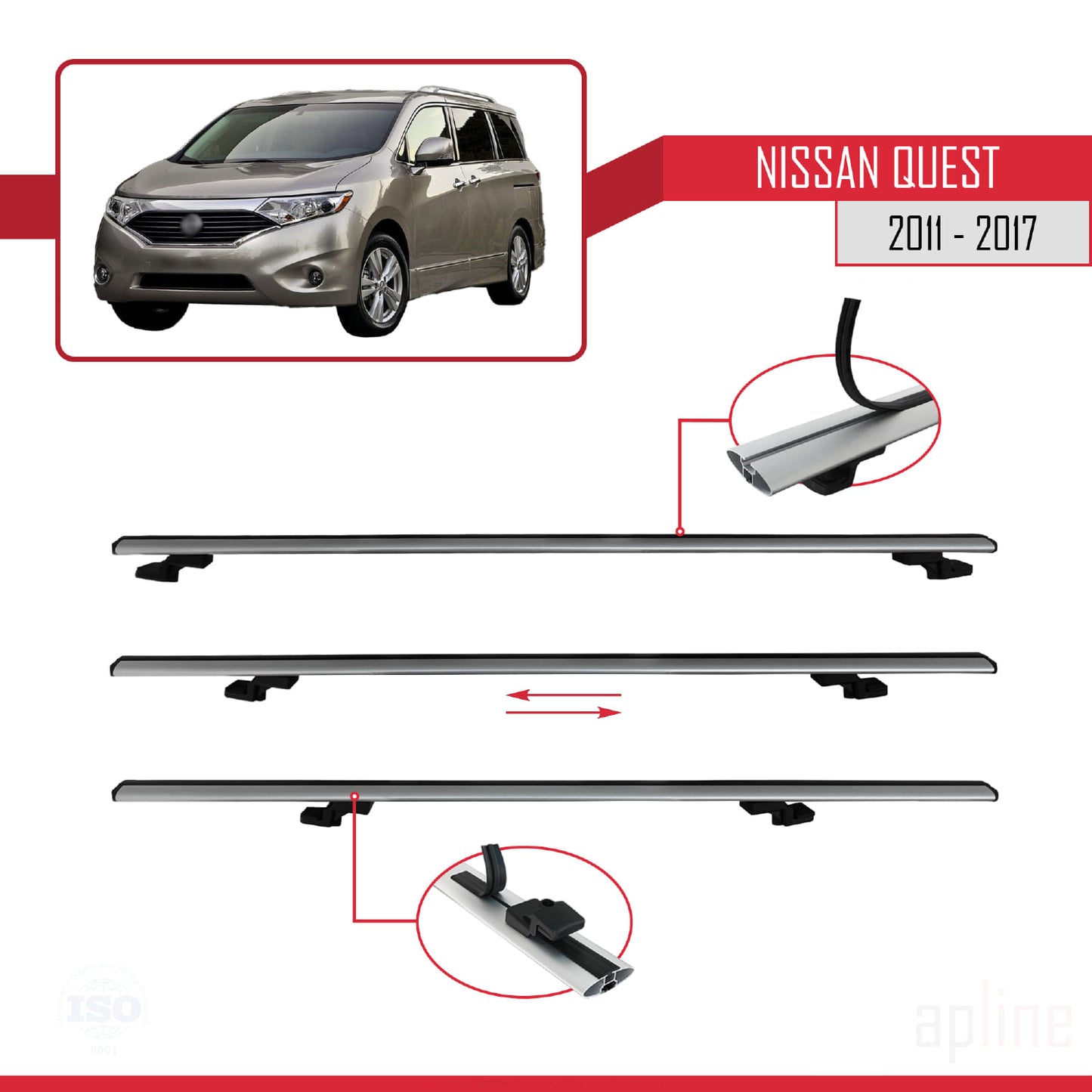 Compatible avec Nissan Quest 2011-2017 BASIC Model Barres de Toit Railing Porte-Bagages de Voiture Gris Aluminium 3 Barres
