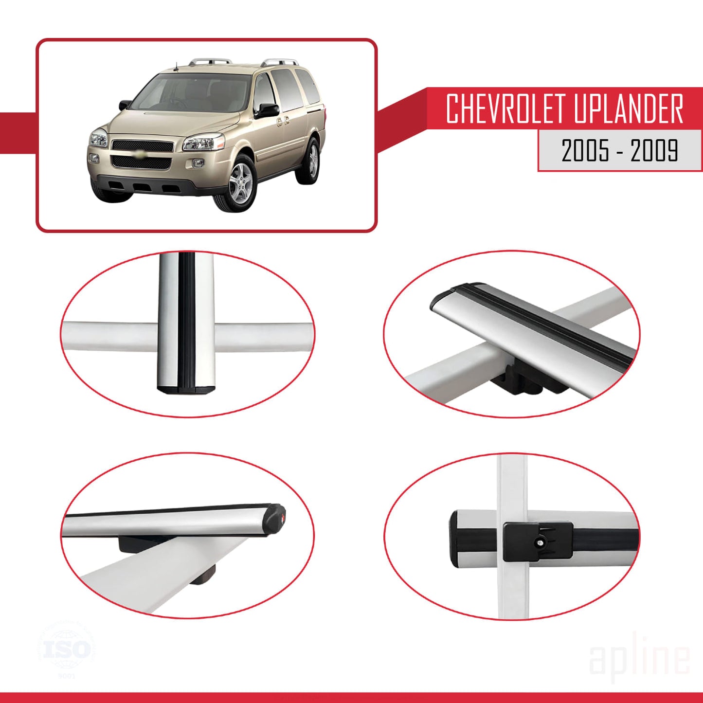 Compatible with Chevrolet Uplander 2005-2009 BASIC Model Car Roof Rack Cross Bar Grey Aluminium 3 Bars