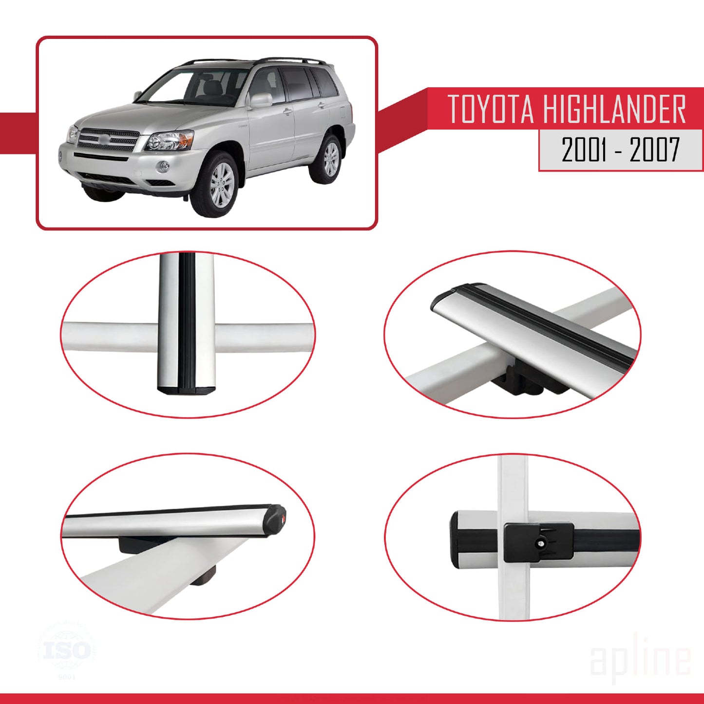 Compatible avec Toyota Highlander 2001-2007 BASIC Model Barres de Toit Railing Porte-Bagages de Voiture Gris Aluminium 4 Barres