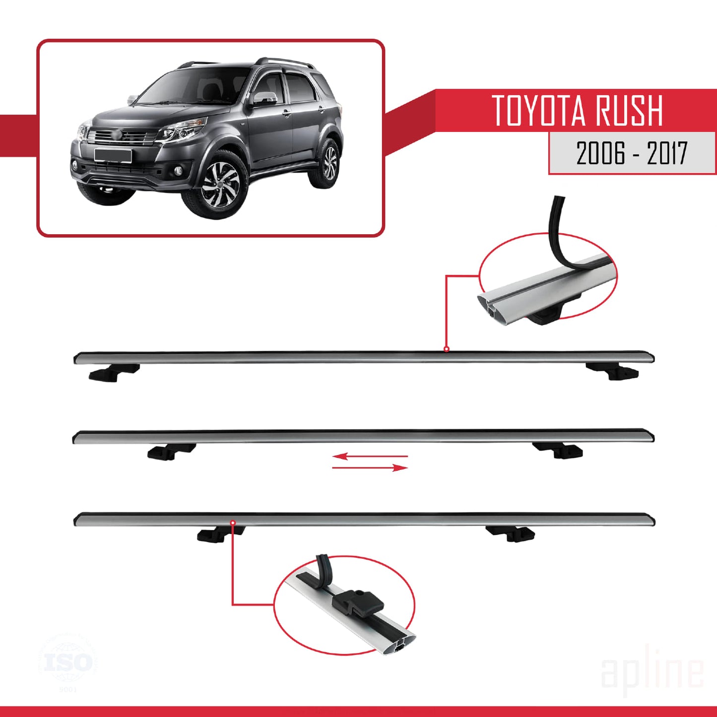 Compatible avec Toyota Rush 2006-2017 BASIC Model Barres de Toit Railing Porte-Bagages de Voiture Gris Aluminium 3 Barres